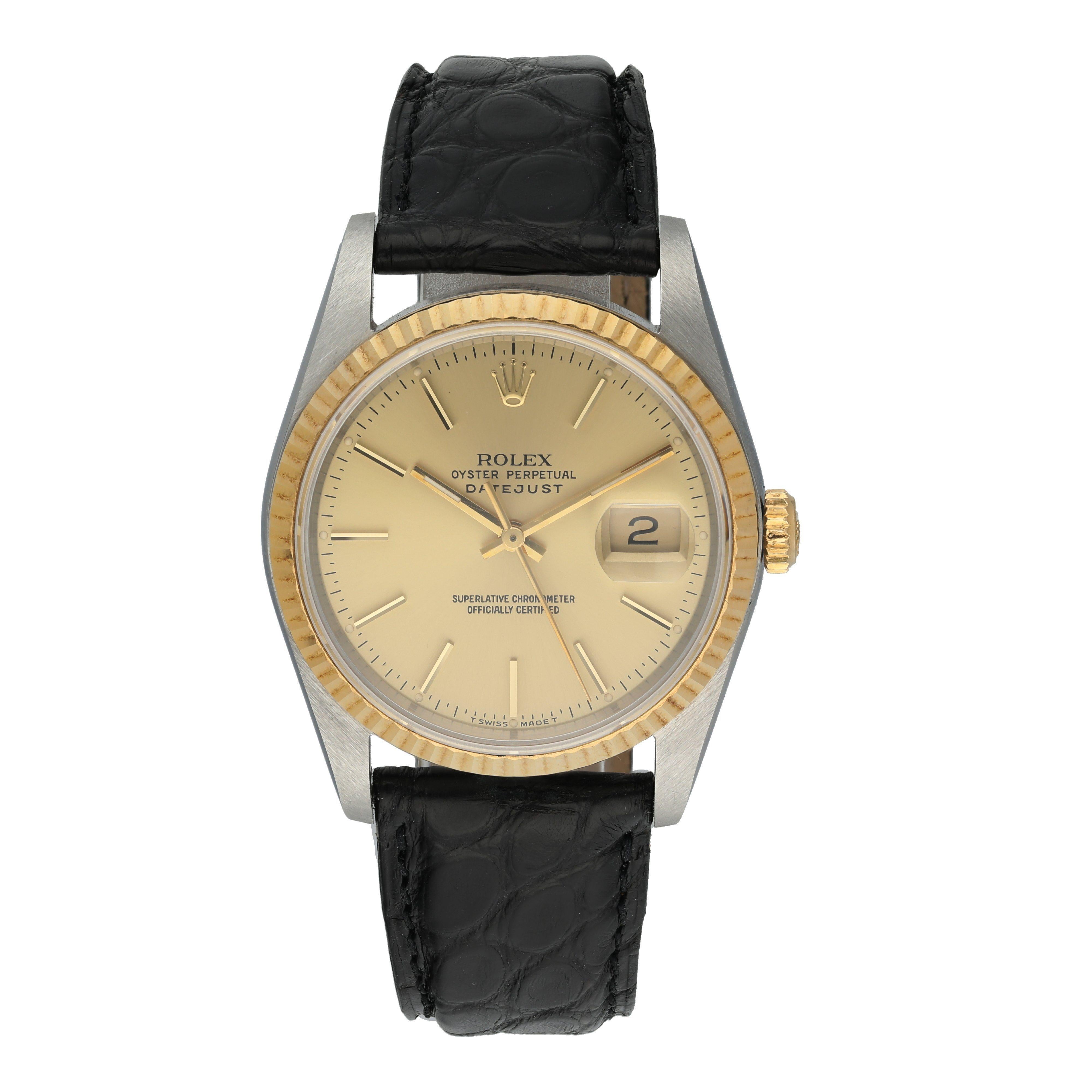 Rolex Datejust 16233 Men Watch. 
36mm Stainless Steel case. 
Fluted-gold bezel
Champagne dial with gold hands and index hour markers. 
Minute markers on the outer dial. 
Date display at the 3 o'clock position. 
Leather Strap with Buckle. 
Will fit