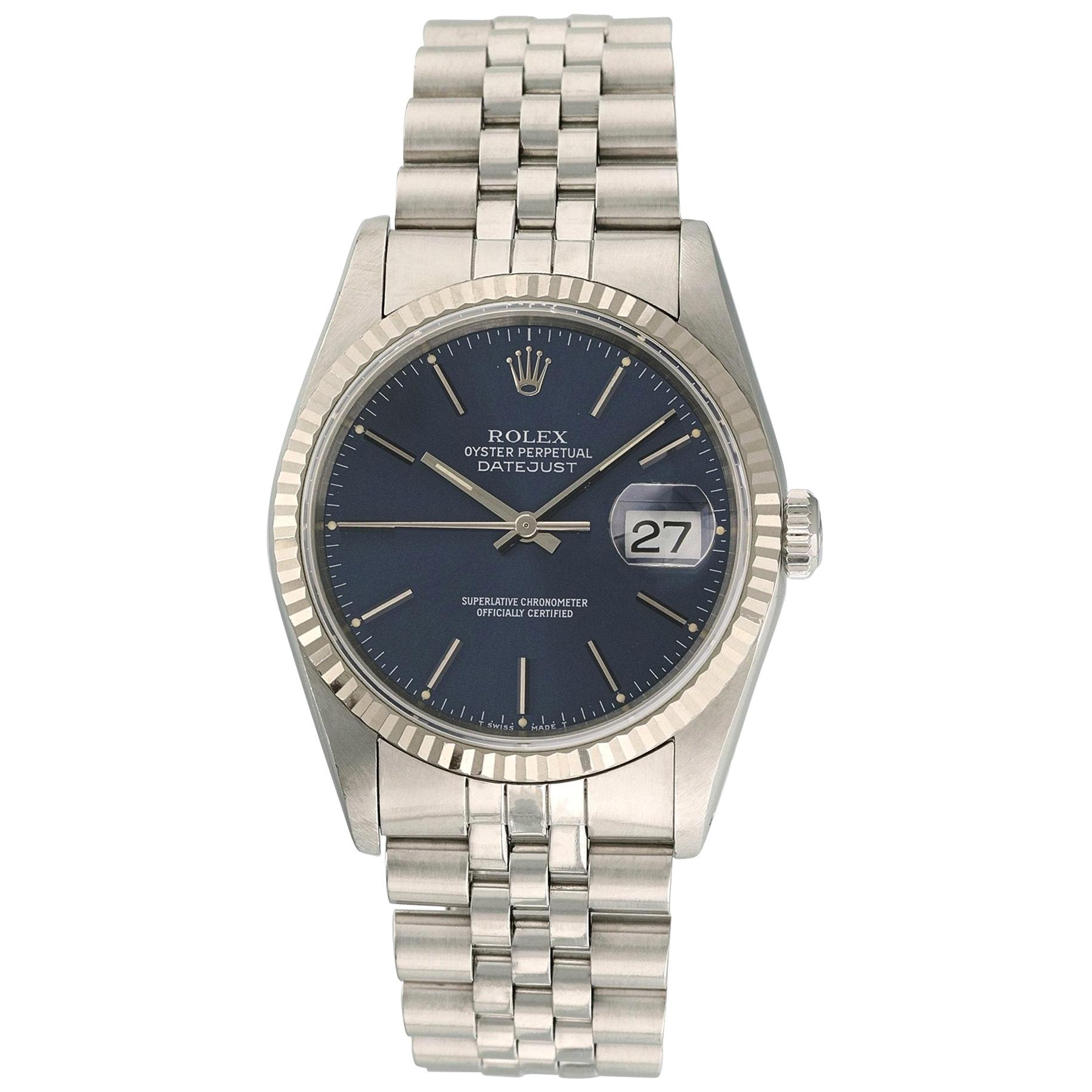 Rolex Datejust 16234 Men Watch. 
36mm Stainless Steel case. 
White Gold fluted bezel. 
Black dial.
Minute markers on the outer dial. 
Date display at the 3 o'clock position. 
Stainless Steel jubilee Bracelet with Fold Over Clasp. 
Will fit up to a