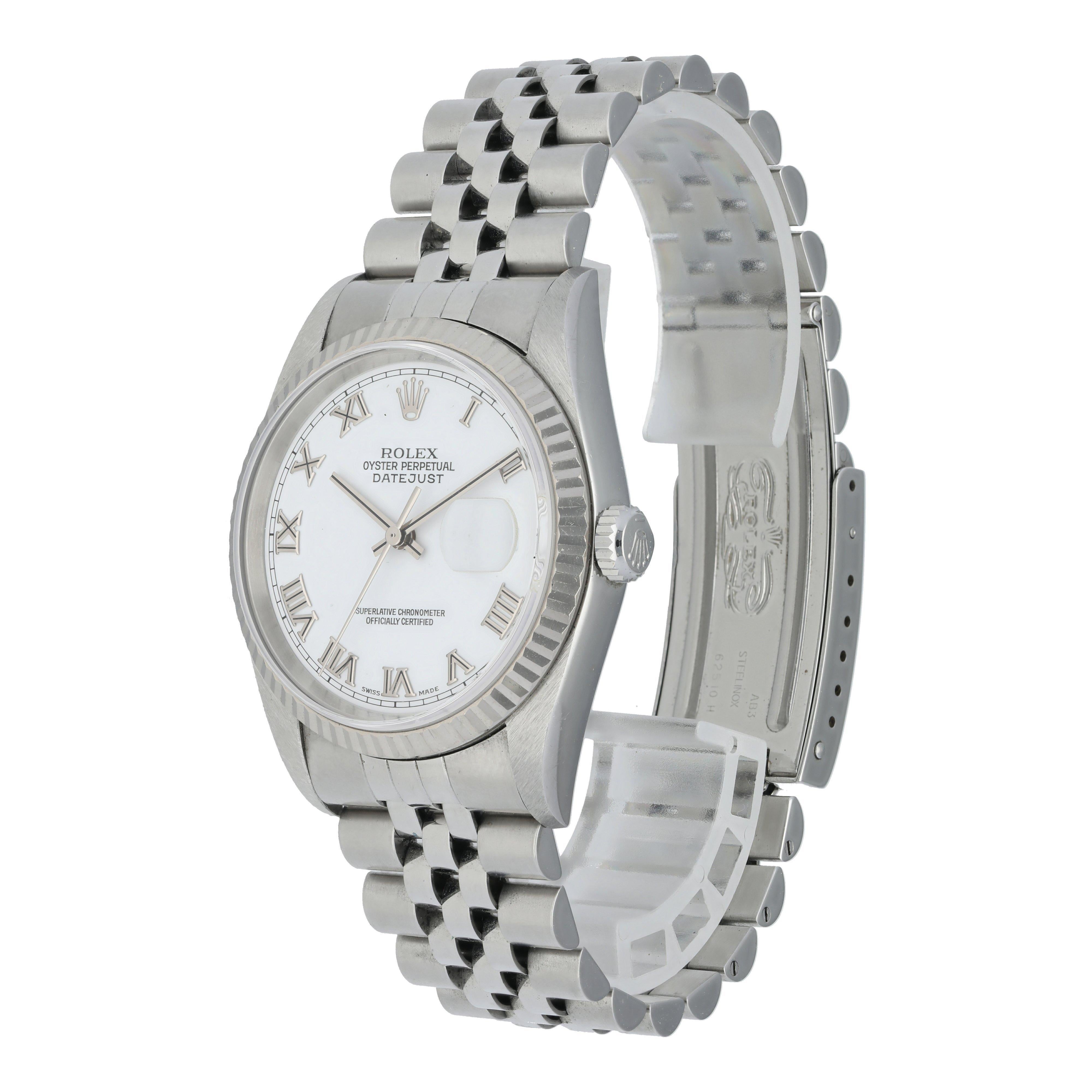 Rolex Datejust 16234 Men's watch. 
36mm Stainless Steel case. 
White Gold fluted bezel. 
Silver dial with Luminous Steel hands and index hour markers Minute markers on the outer dial. 
Date display at the 3 o'clock position. 
Stainless Steel