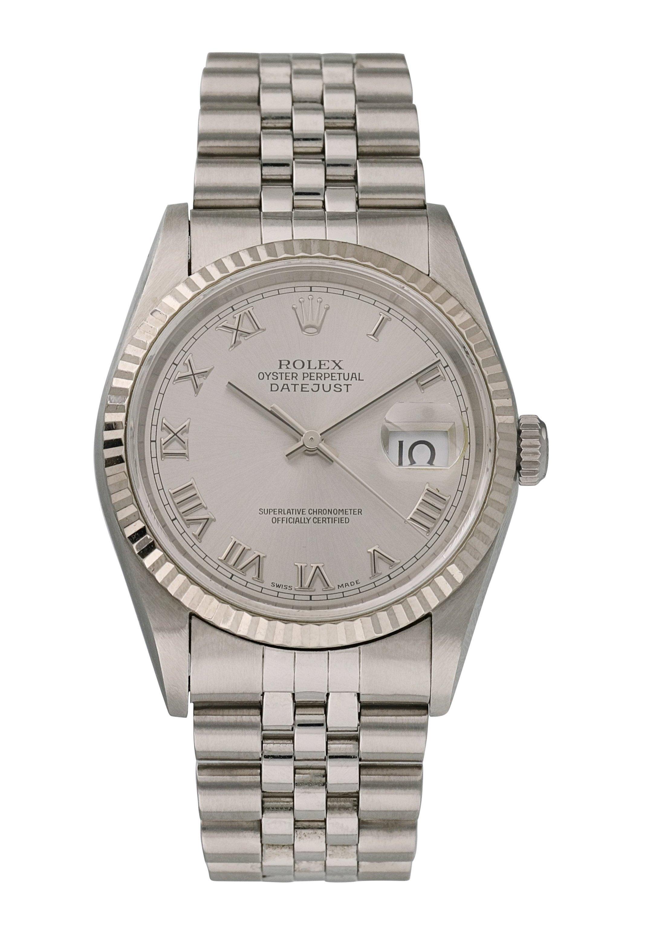 Rolex Datejust 16234 Men watch. 
36 Stainless Steel case. 
White Gold fluted bezel. 
Silver dial with Luminous Steel hands and index hour markers Minute markers on the outer dial. 
Date display at the 3 o'clock position. 
Stainless Steel Bracelet