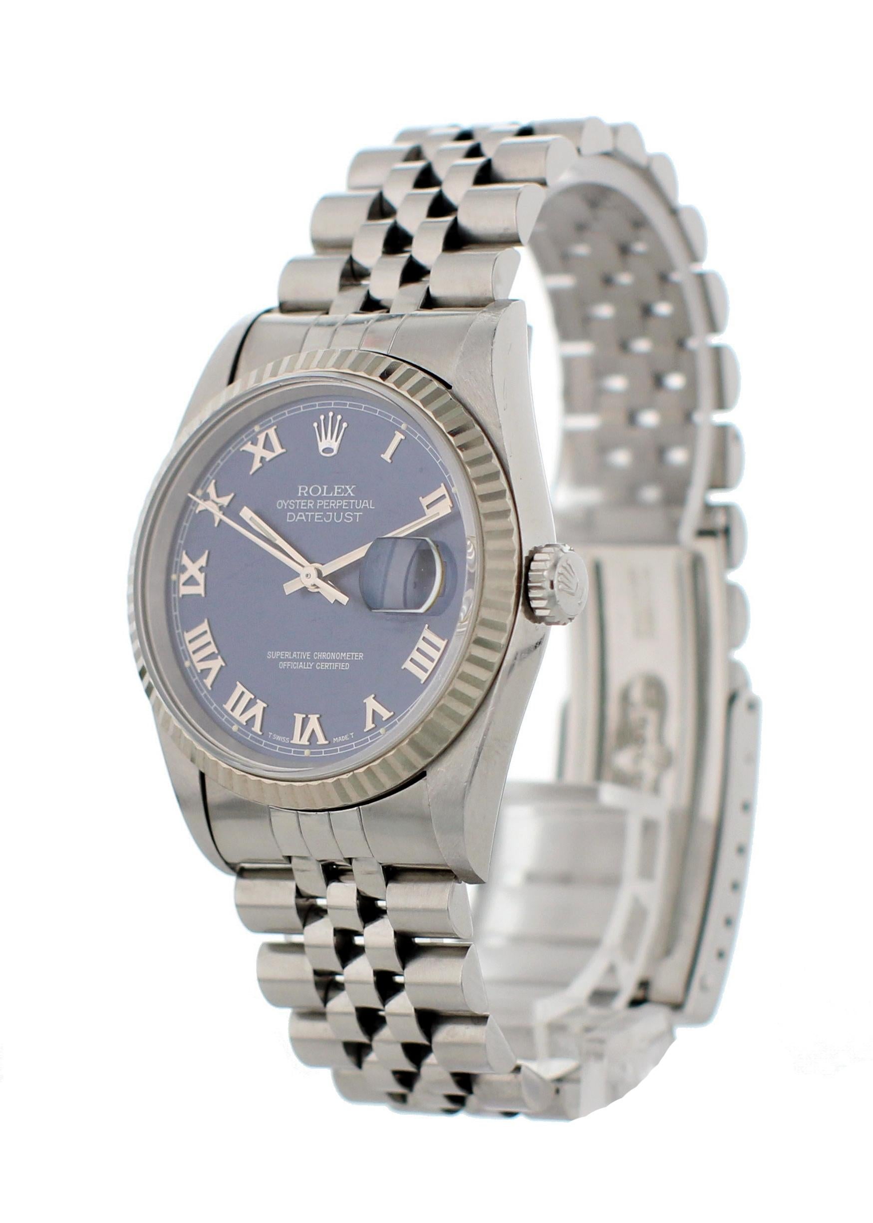 Rolex Oyster Perpetual Datejust 16234 Mens Watch. 36 mm stainless steel case. 18k white gold Fluted bezel. Blue dial with steel hands and index markers. Quickset date display by the 3 o'clock position. Stainless steel jubilee band with a fold over