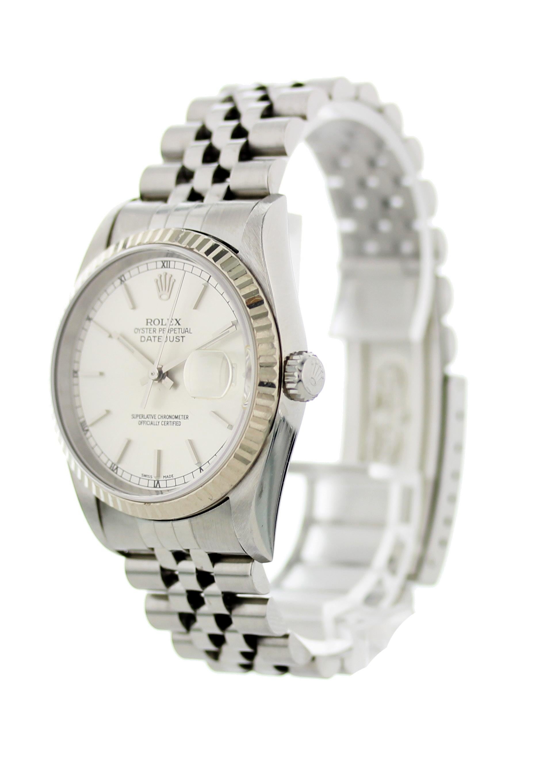 Rolex Oyster Perpetual Datejust 16234 Men's Watch.
36mm Stainless Steel case. 
White Gold Stationary bezel. 
Silver dial with Steel hands and index hour markers. 
Minute markers on the outer dial printed Roman numeral hour markers. 
Date display at