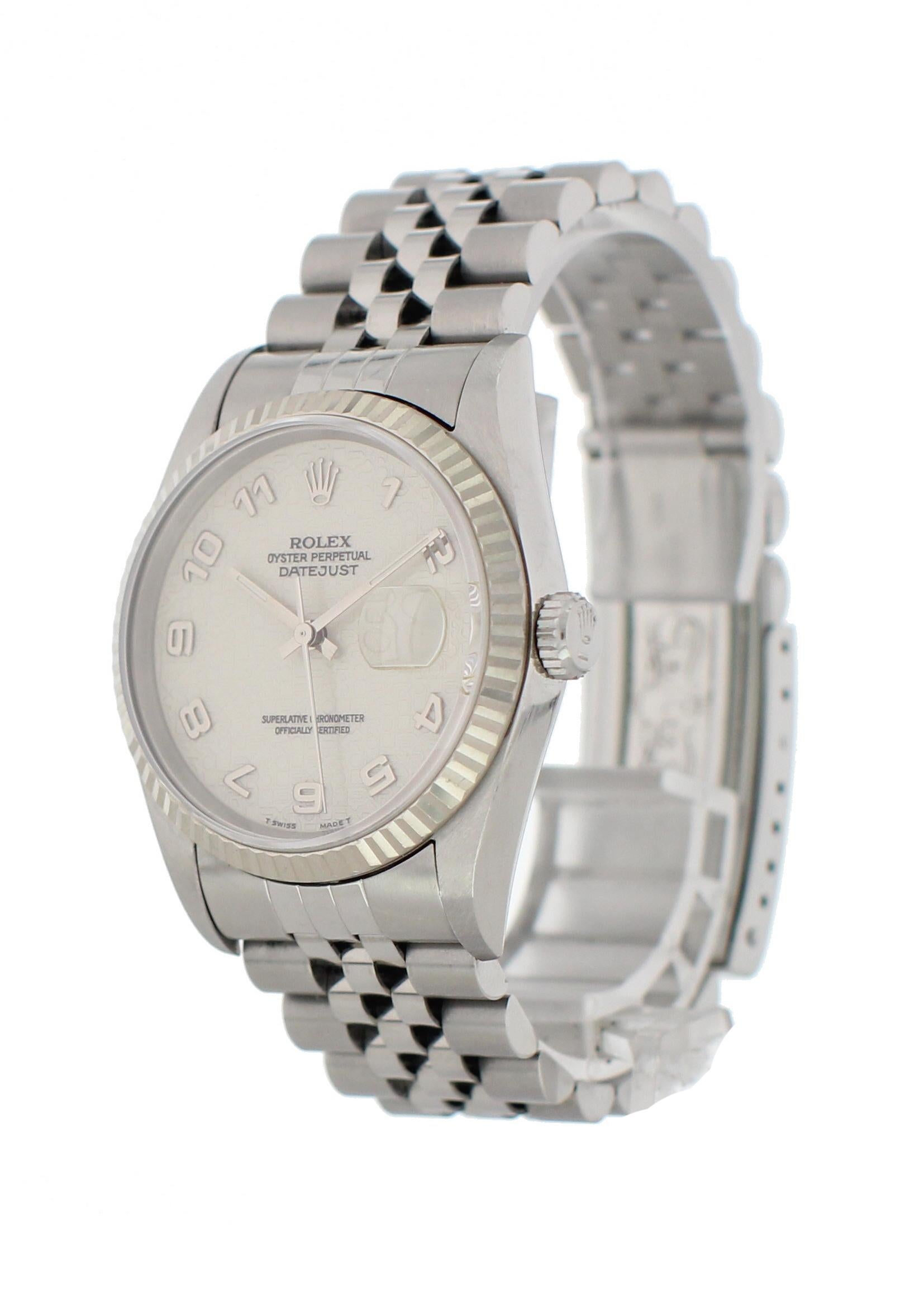 Rolex Oyster Perpetual Datejust 16234 Rolex Dial Men's Watch. 36 mm stainless steel case. 18k white gold Fluted bezel. Off-white dial with steel hands and index markers. Quickset date display by the 3 o'clock position. Stainless steel jubilee band