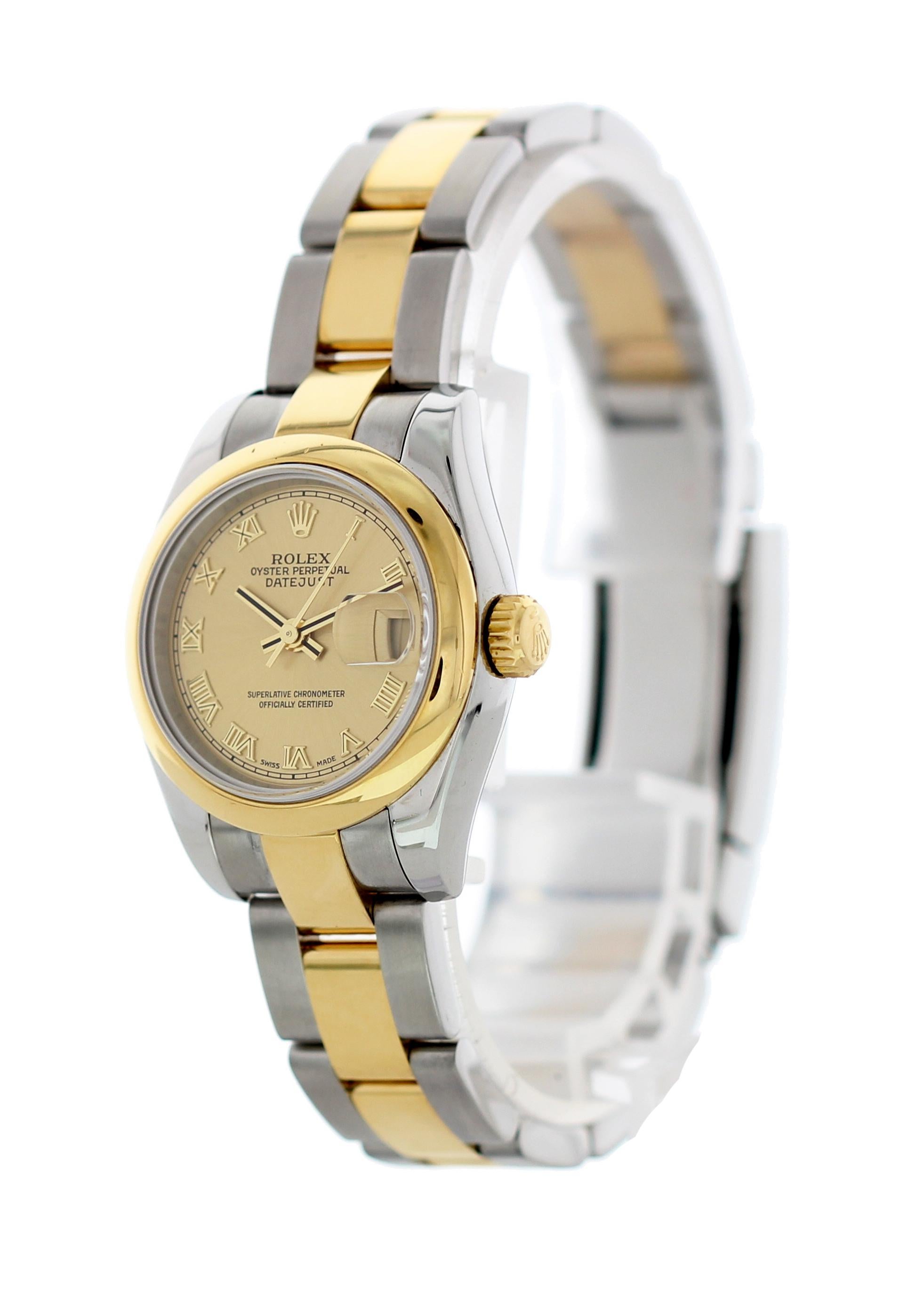 Rolex Oyster Perpetual Datejust 179163 Ladies Watch. 26mm stainless steel case with 18k yellow gold stationary bezel and crown. Champagne dial with Roman numeral hour markers. Date display.  26mm two-tone stainless steel and 18k yellow gold