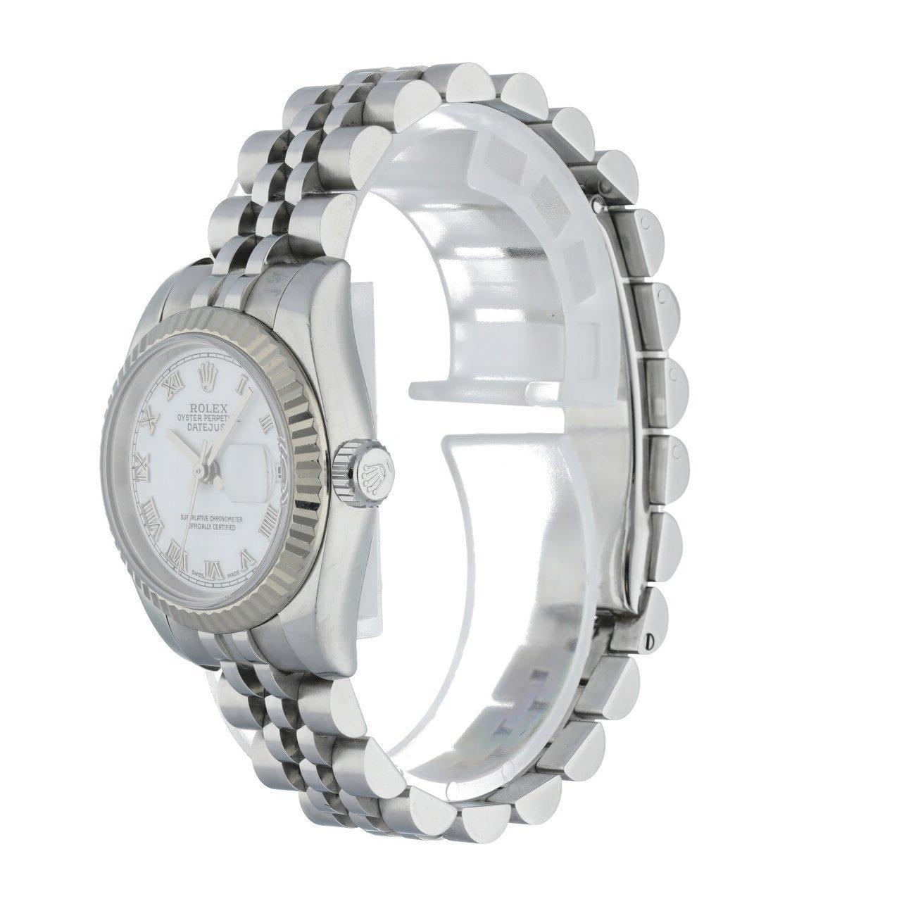 Rolex Oyster Perpetual Datejust 179174 Ladies Watch.
26mm Stainless Steel case. 
18K White gold fluted bezel. 
White dial with steel hands and Roman numeral hour markers. 
Minute markers on the outer dial. 
Date display at the 3 o'clock position.