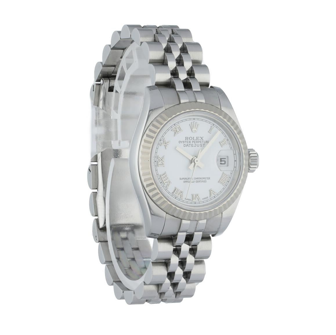 Rolex Oyster Perpetual Datejust 179174 Ladies Watch.
26mm Stainless Steel case. 
18K White gold fluted bezel. 
White dial with steel hands and Roman numeral hour markers. 
Minute markers on the outer dial. 
Date display at the 3 o'clock position.