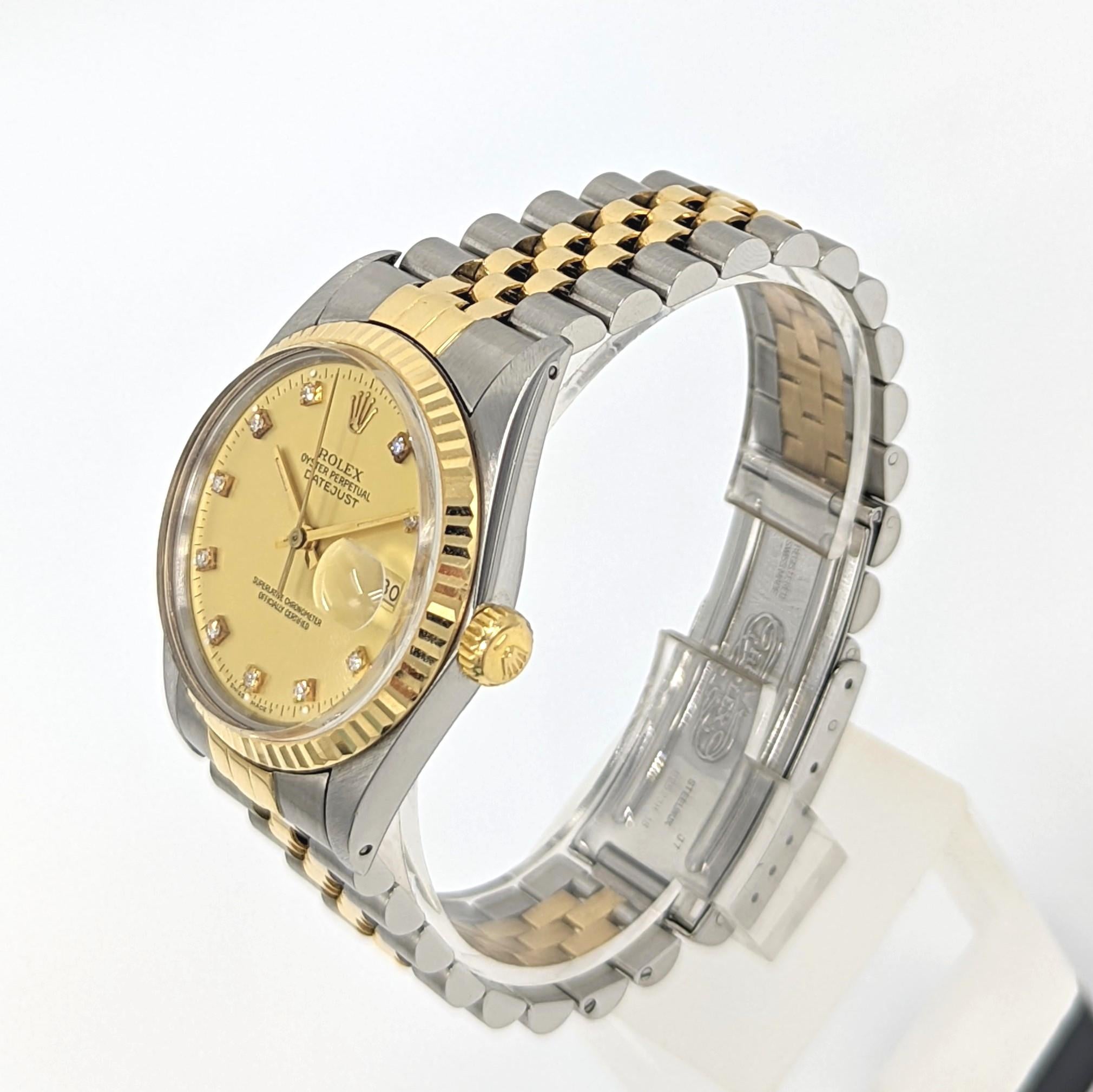 A fine 18K/SS two tone Rolex Datejust (36mm) with desirable factory champagne diamond dial, in excellent condition with minimal stretch to the magnificent 18K/SS Rolex Jubilee 5 link bracelet
Comes in original Rolex box

Ref: 16013
Movement: 3035
