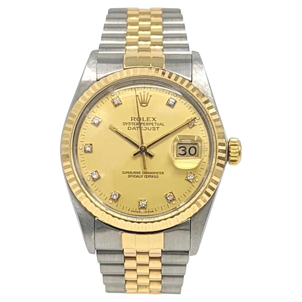 Rolex Oyster Perpetual Datejust 18k/SS Jubiläumsband Champagner-Diamant-Zifferblatt 16013