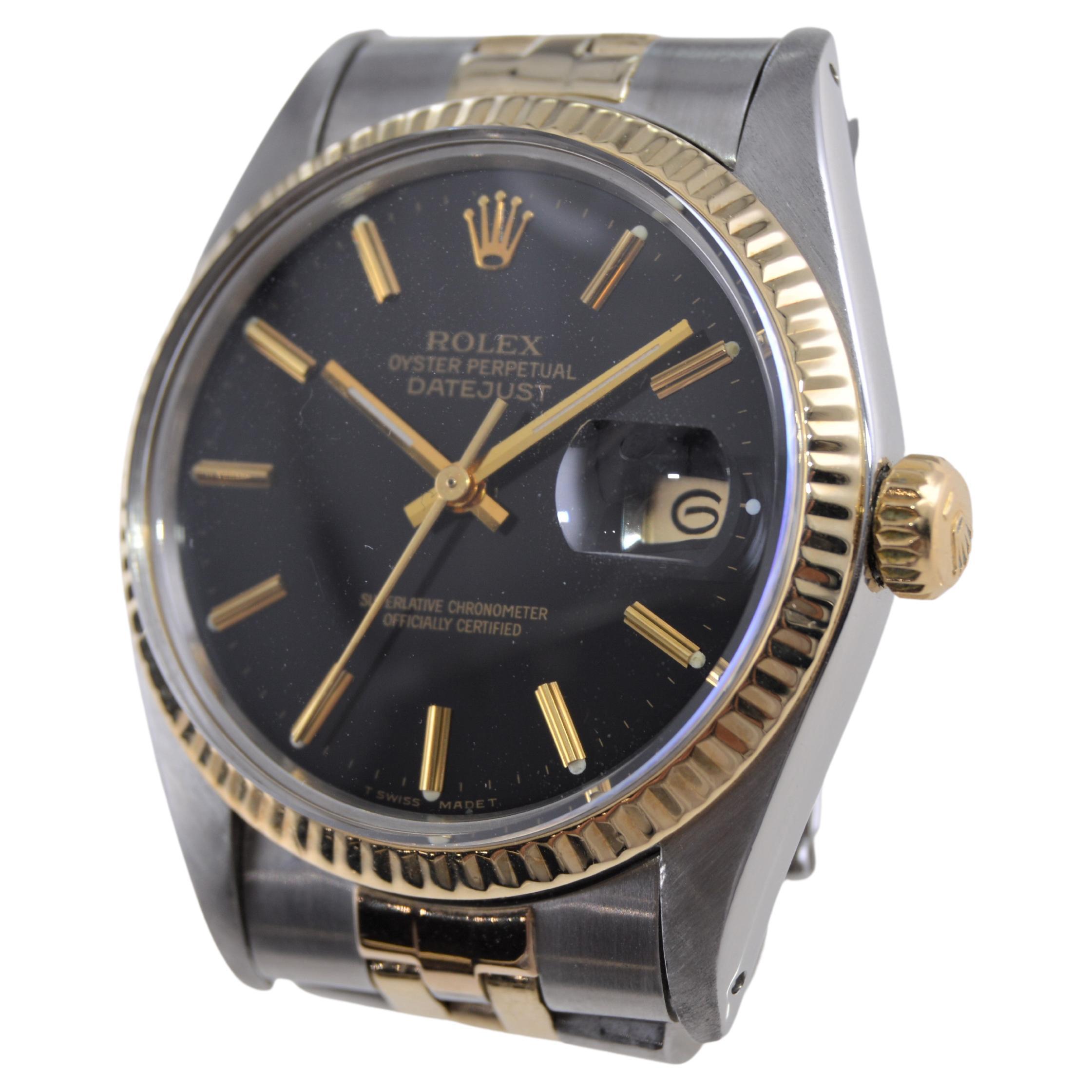 Modern Rolex Oyster Perpetual Datejust 2-Tone With Factory Original Black Dial 1980's For Sale