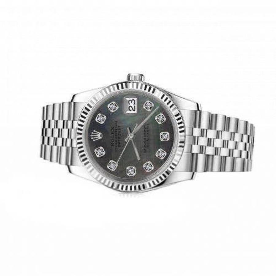 Round Cut Rolex Oyster Perpetual Datejust Black Mother of Pearl Dial with Diamonds 16030 For Sale