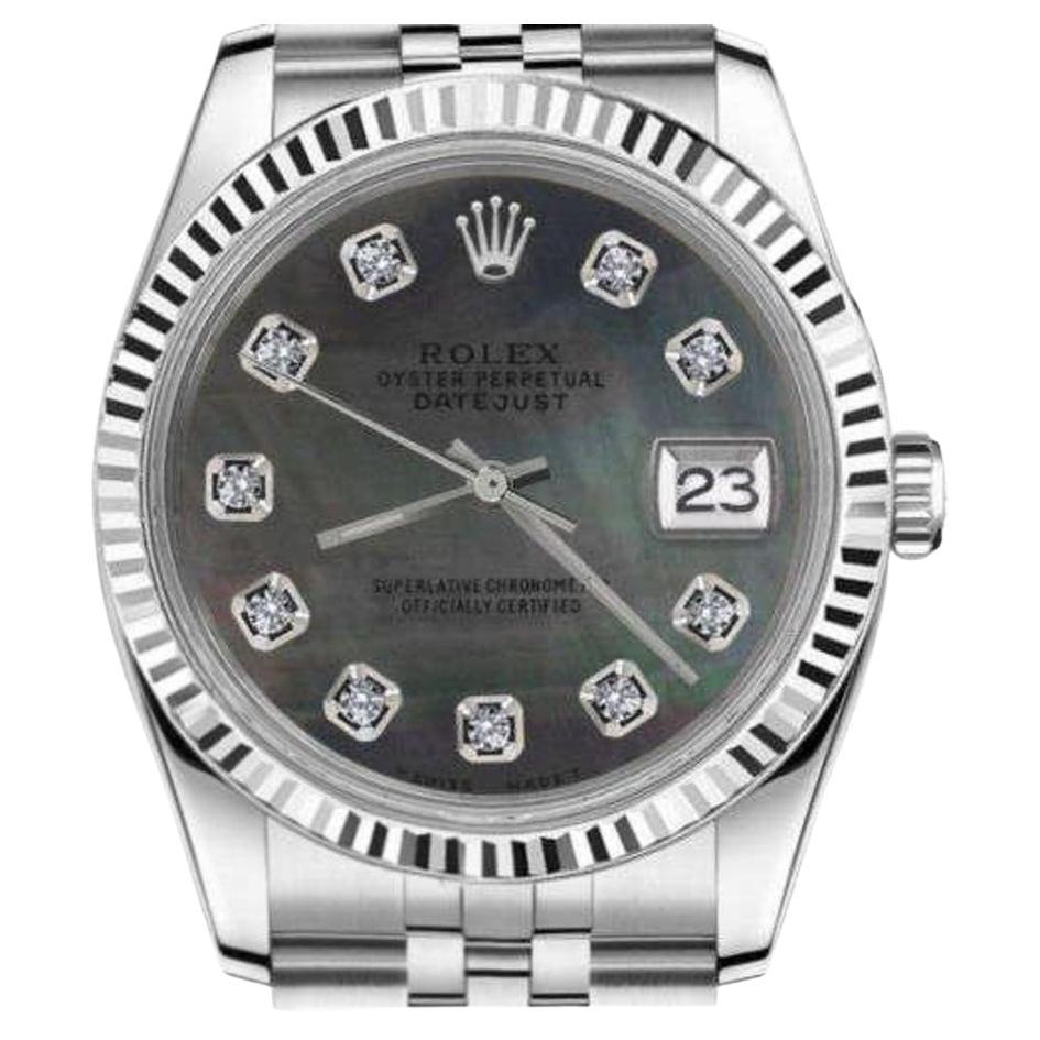 Rolex Oyster Perpetual Datejust Black Mother of Pearl Dial with Diamonds 16030 For Sale