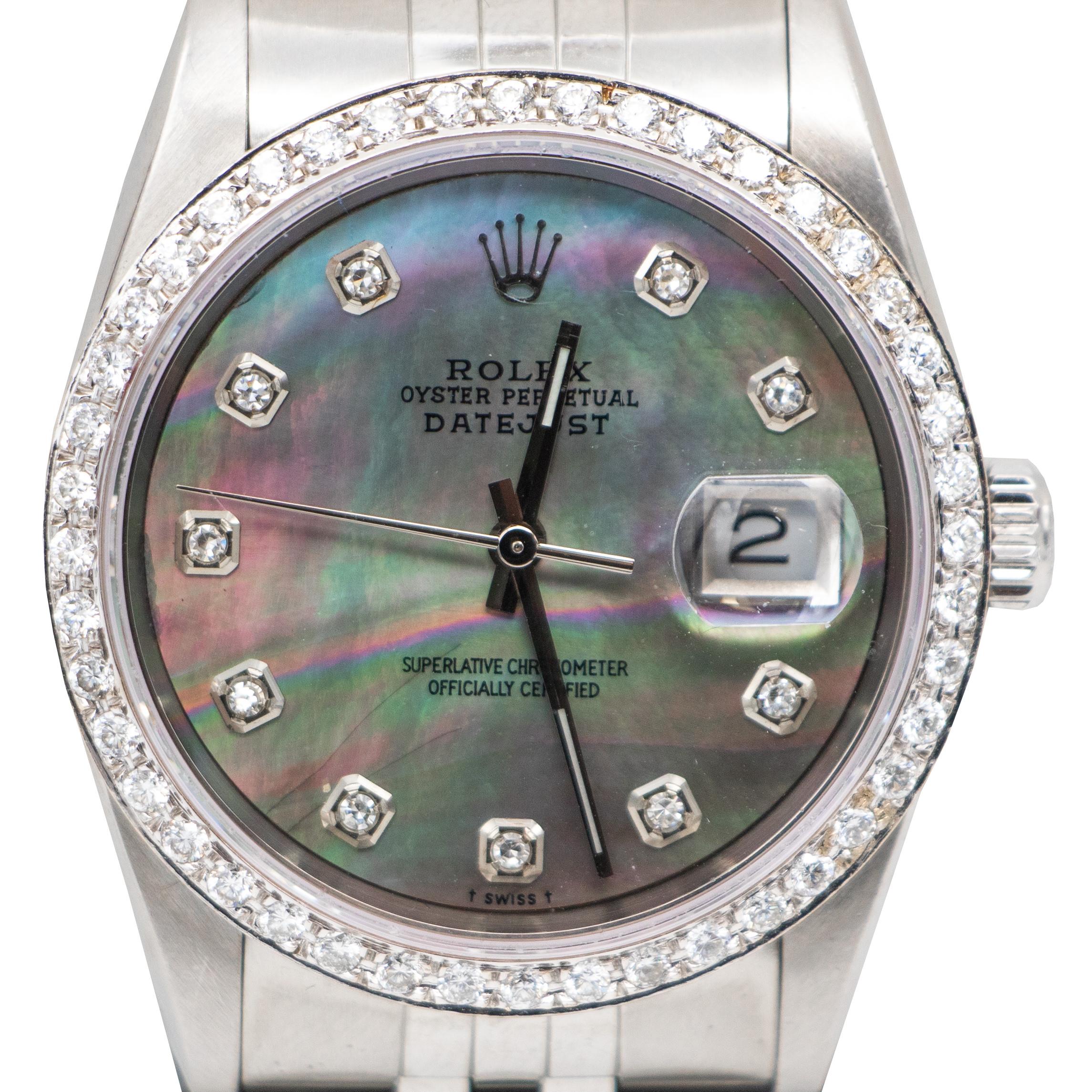 Brand: Rolex

Movement: T Swiss Made T Automatic Movement

Case Diameter: 36 mm

Waterproof to 100 Meters / 330 Feet

Dial: 10 Diamonds With The Rolex Crown Logo At The 12 O'clock Position, 18K White Gold Hour Markers

Bezel Set With 44 Factory