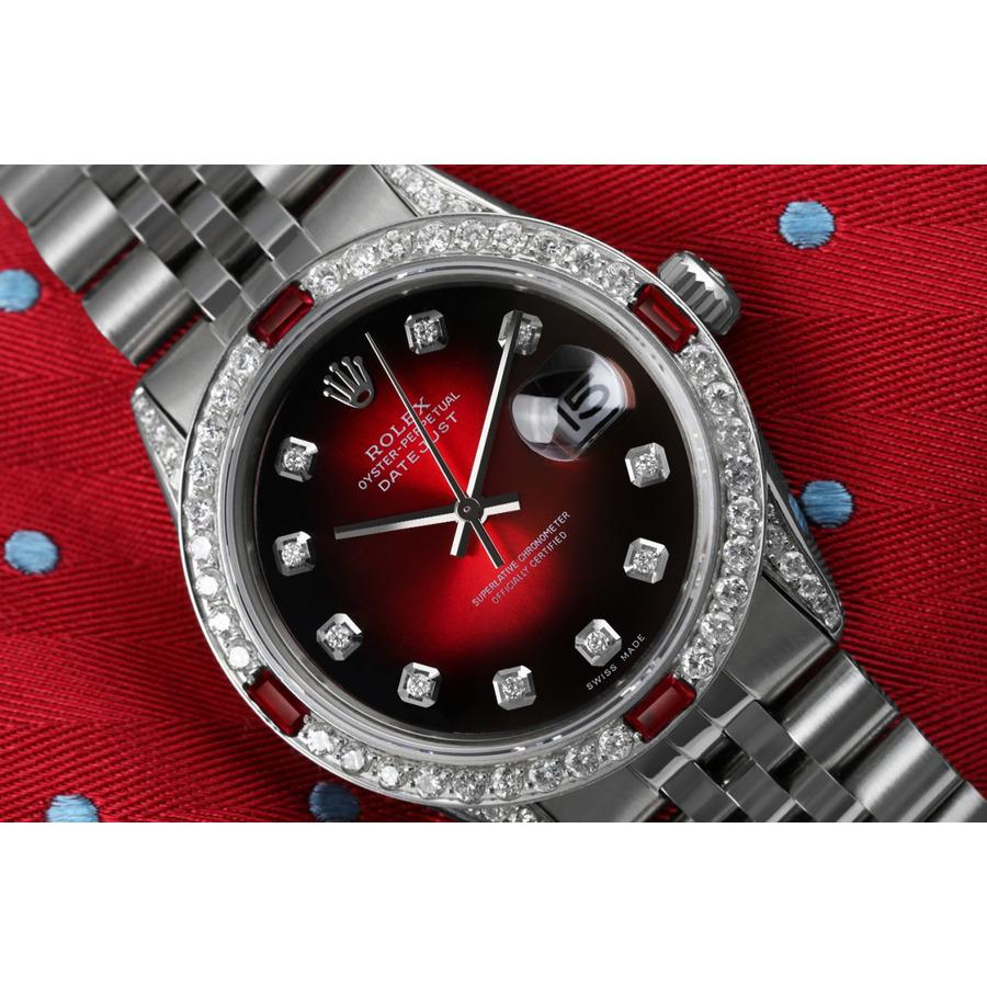 Taille ronde Rolex Montre Oyster Perpetual Datejust rouge avec cadran en diamants et rubis 16014 en vente