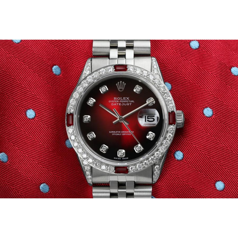 Round Cut Rolex Oyster Perpetual Datejust Red Vignette Diamond Dial Ruby Watch 16014 For Sale