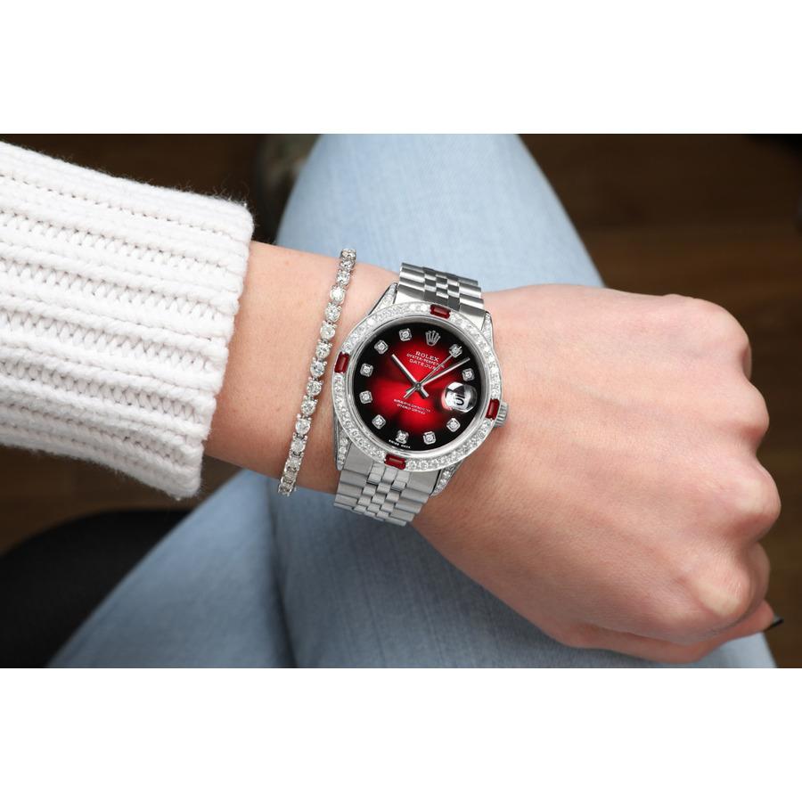 Rolex Montre Oyster Perpetual Datejust rouge avec cadran en diamants et rubis 16014 en vente 4