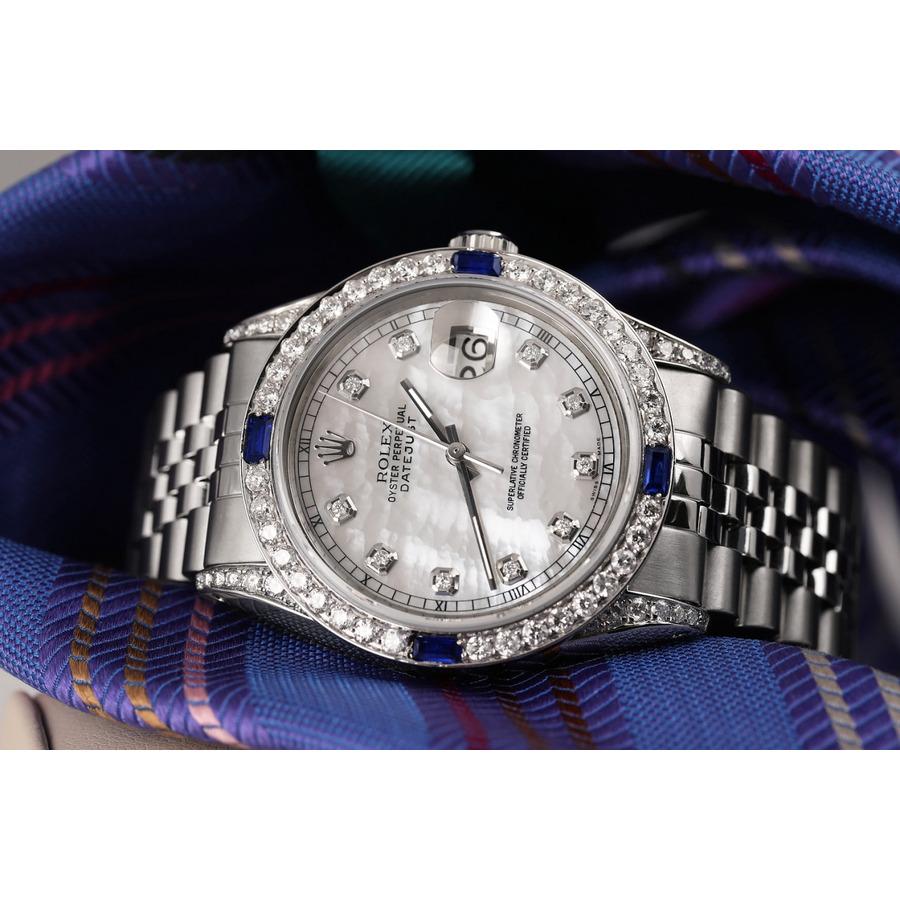 Rolex Oyster Perpetual Datejust White Mother of Pearl Diamond Watch In Excellent Condition For Sale In New York, NY