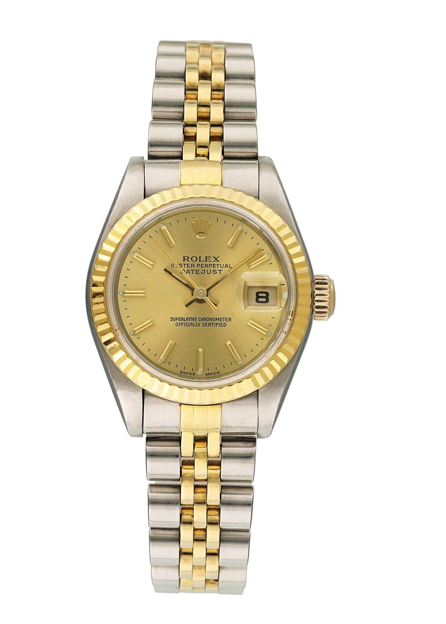 Rolex Oyster Perpetual Datejust 69173 Ladies Watch.
26mm Stainless Steel case. 
Yellow Gold Stationary bezel. 
Champagne dial with luminous gold hands and index hour markers. 
Minute markers on the outer dial. 
Date display at the 3 o'clock