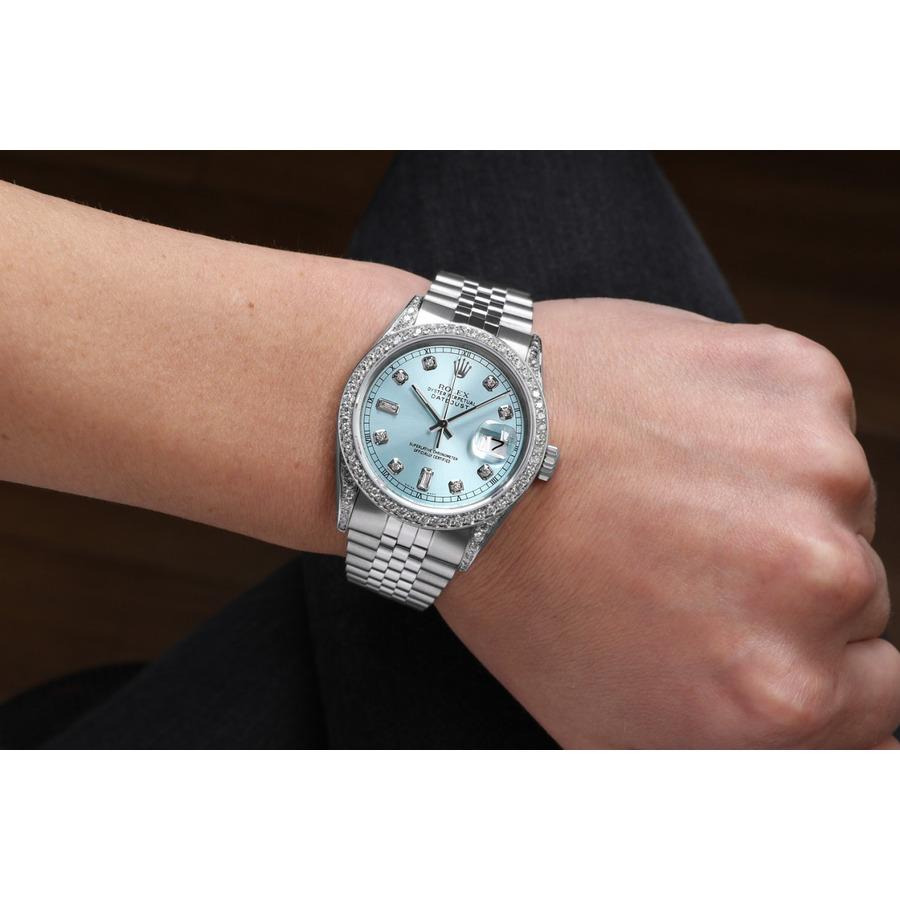 Rolex Montre Oyster Perpetual Datejust bleu glace avec cadran baguette 16014 en vente 3