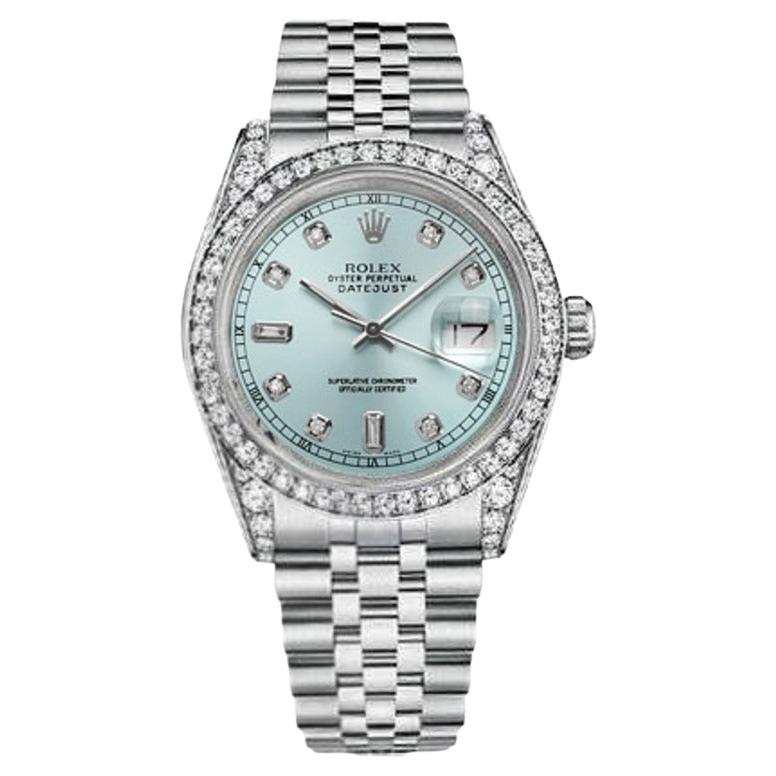 Rolex Oyster Perpetual Datejust Ice Blue Face with Baguette Watch 16014 For Sale