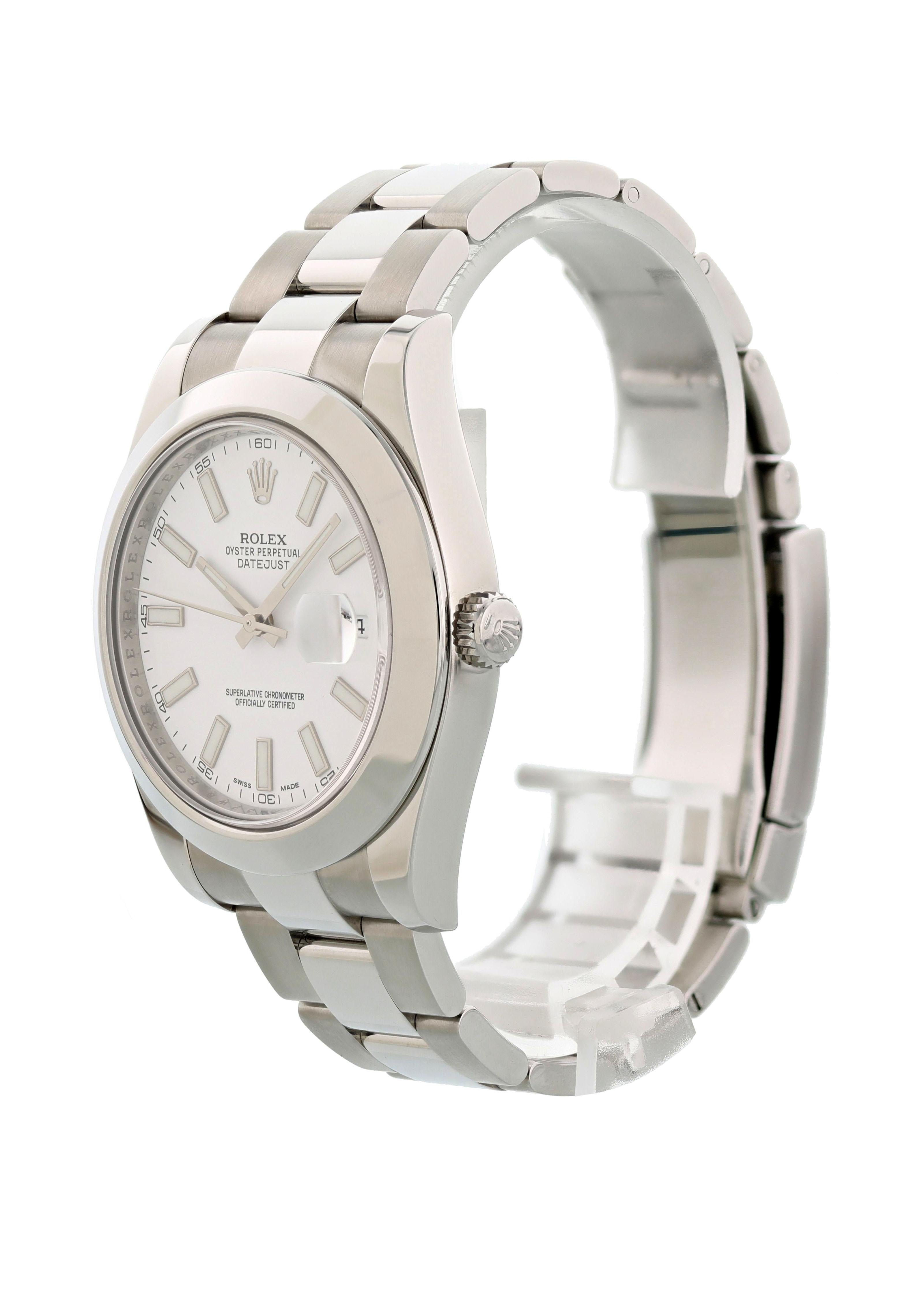 Rolex Oyster Perpetual Datejust II 116300 Mens Watch. 41mm stainless steel case. Stainless steel smooth bezel. White dial with luminous silver-tone hands and index hour markers. Minute marker around the outer dial. Quickset date display at the 3