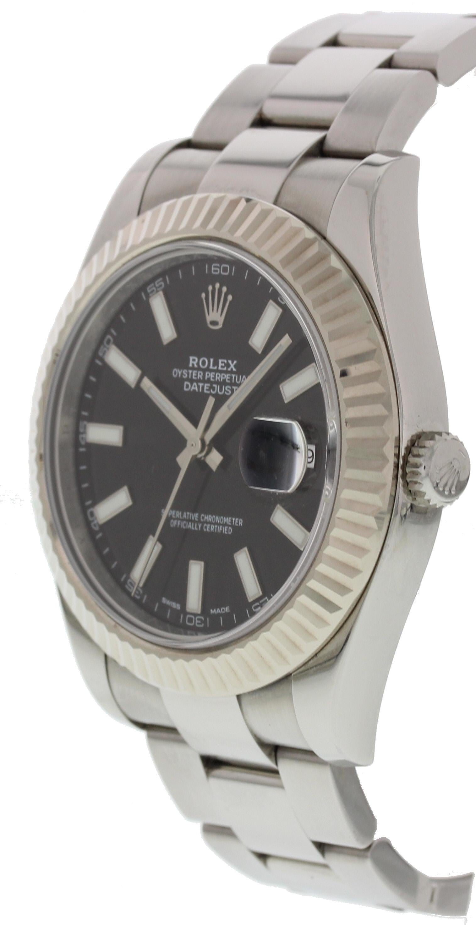 Rolex Oyster Perpetual Datejust II 116334. 41 mm Stainless steel case with an 18K white gold fluted bezel. Black dial with luminous hour markers and silver luminous hands. Quickset date function. Stainless steel oyster band with a fold over clasp.