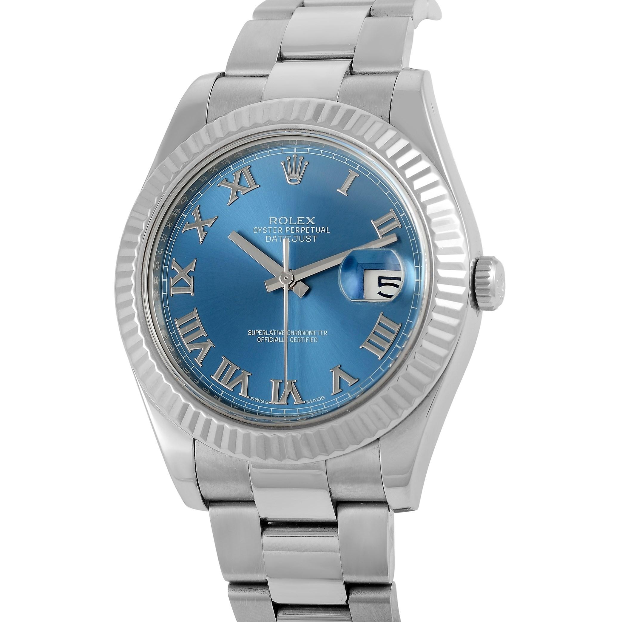 This Rolex Oyster Perpetual Datejust II 41 mm Watch, reference number 116334, features a white oystersteel case with fluted bezel measuring 41 mm in diameter. It is presented on a matching white oystersteel bracelet with a deployment clasp. The