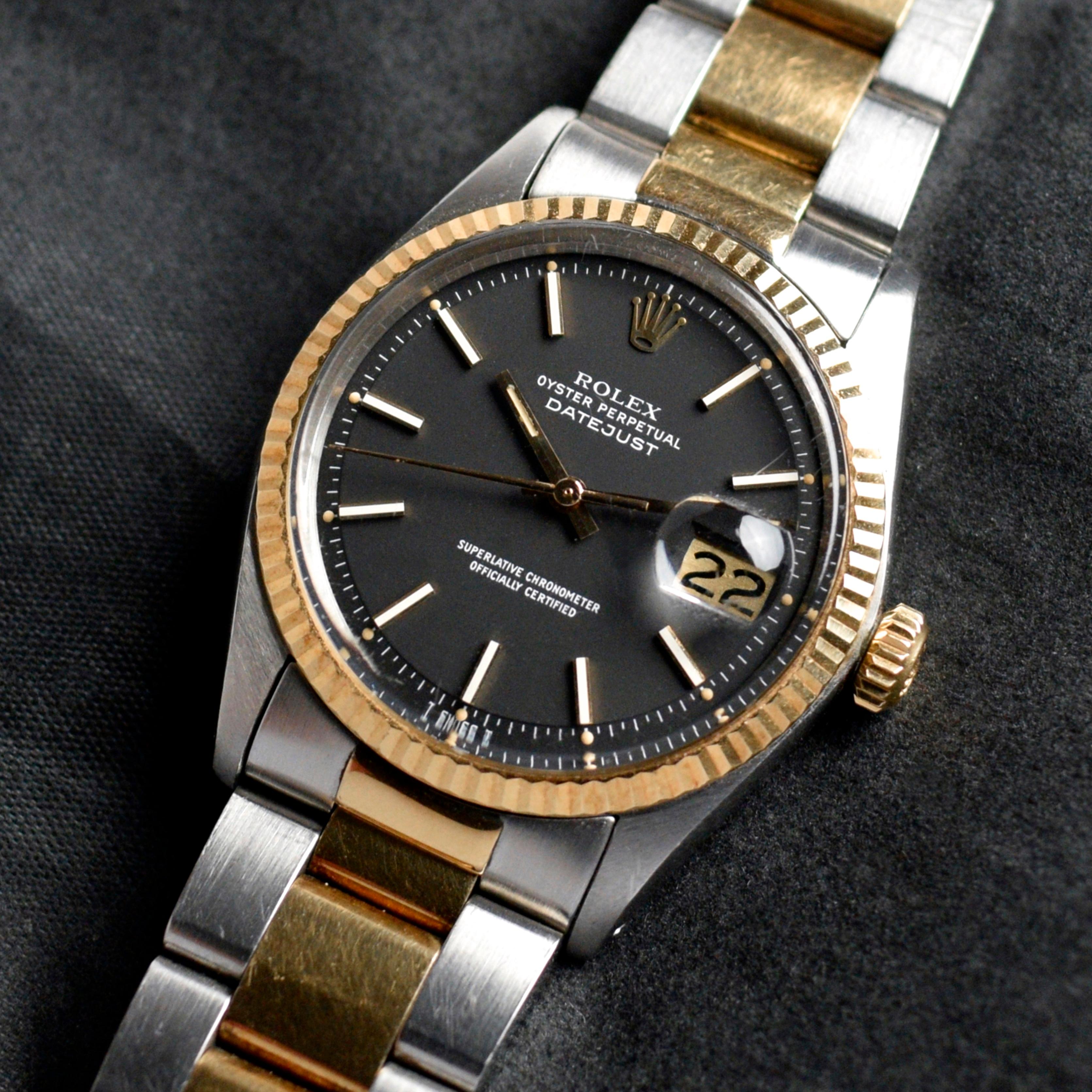 Rolex Oyster Perpetual Datejust Matte Black 1601 Yellow Gold Steel Watch, 1973 In Good Condition In Central & Western District, HK