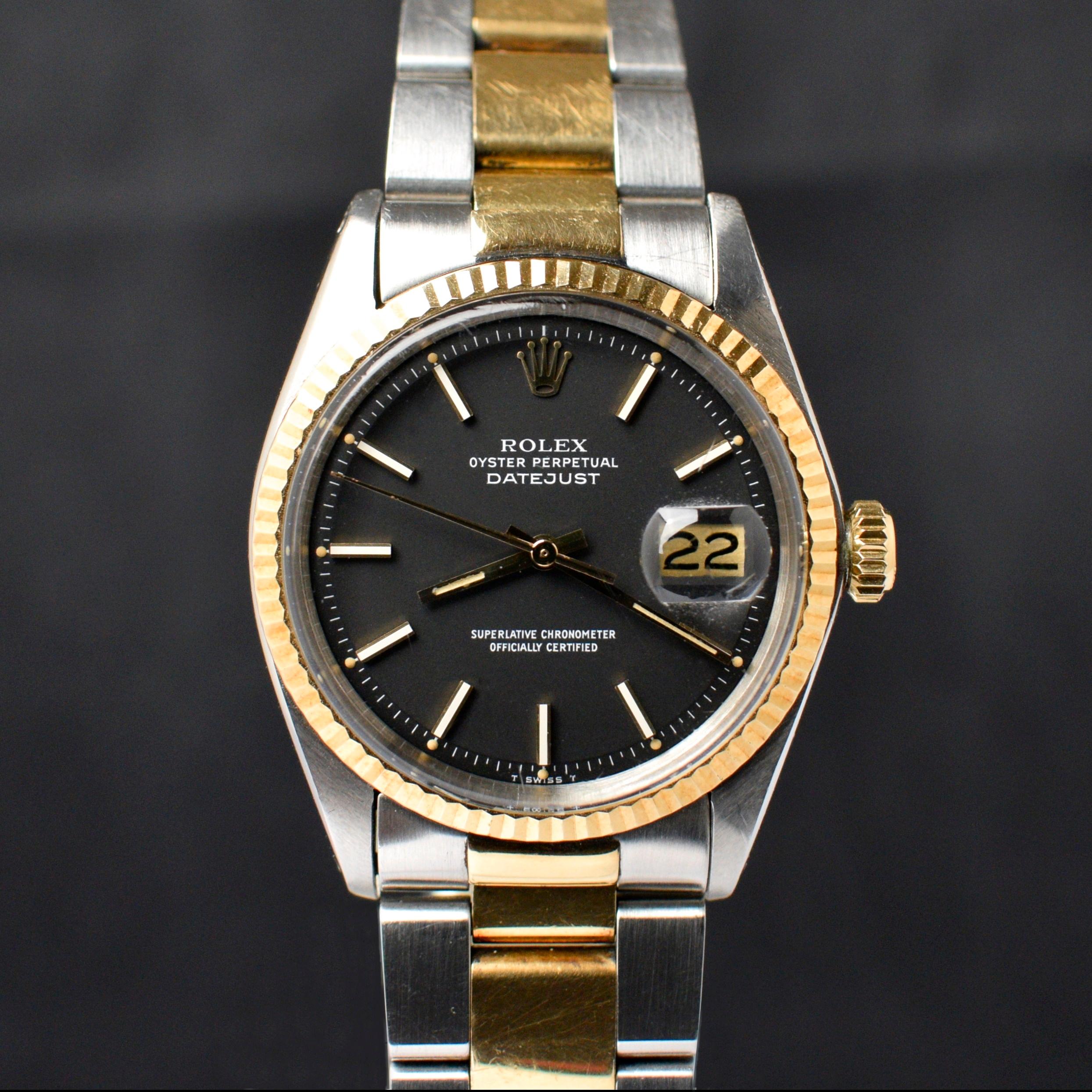 Women's or Men's Rolex Oyster Perpetual Datejust Matte Black 1601 Yellow Gold Steel Watch, 1973