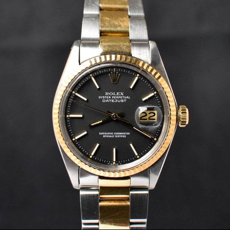 Rolex Oyster Perpetual Datejust Matte Black 1601 Yellow Gold Steel Watch, 1973 For Sale 3