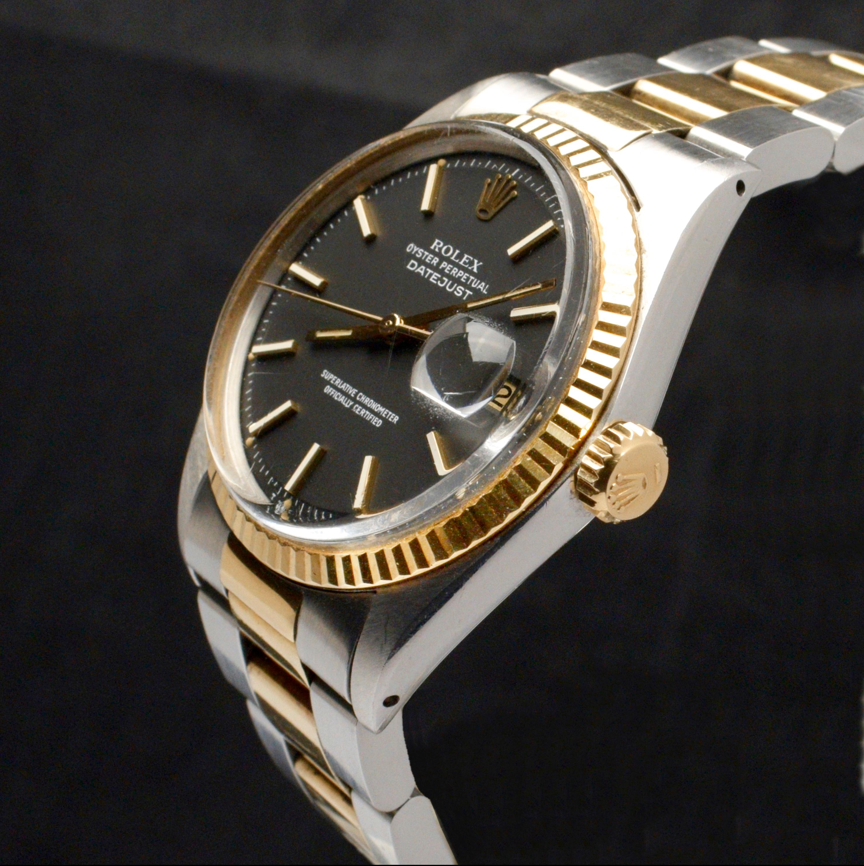 Rolex Oyster Perpetual Datejust Matte Black 1601 Yellow Gold Steel Watch, 1973 1