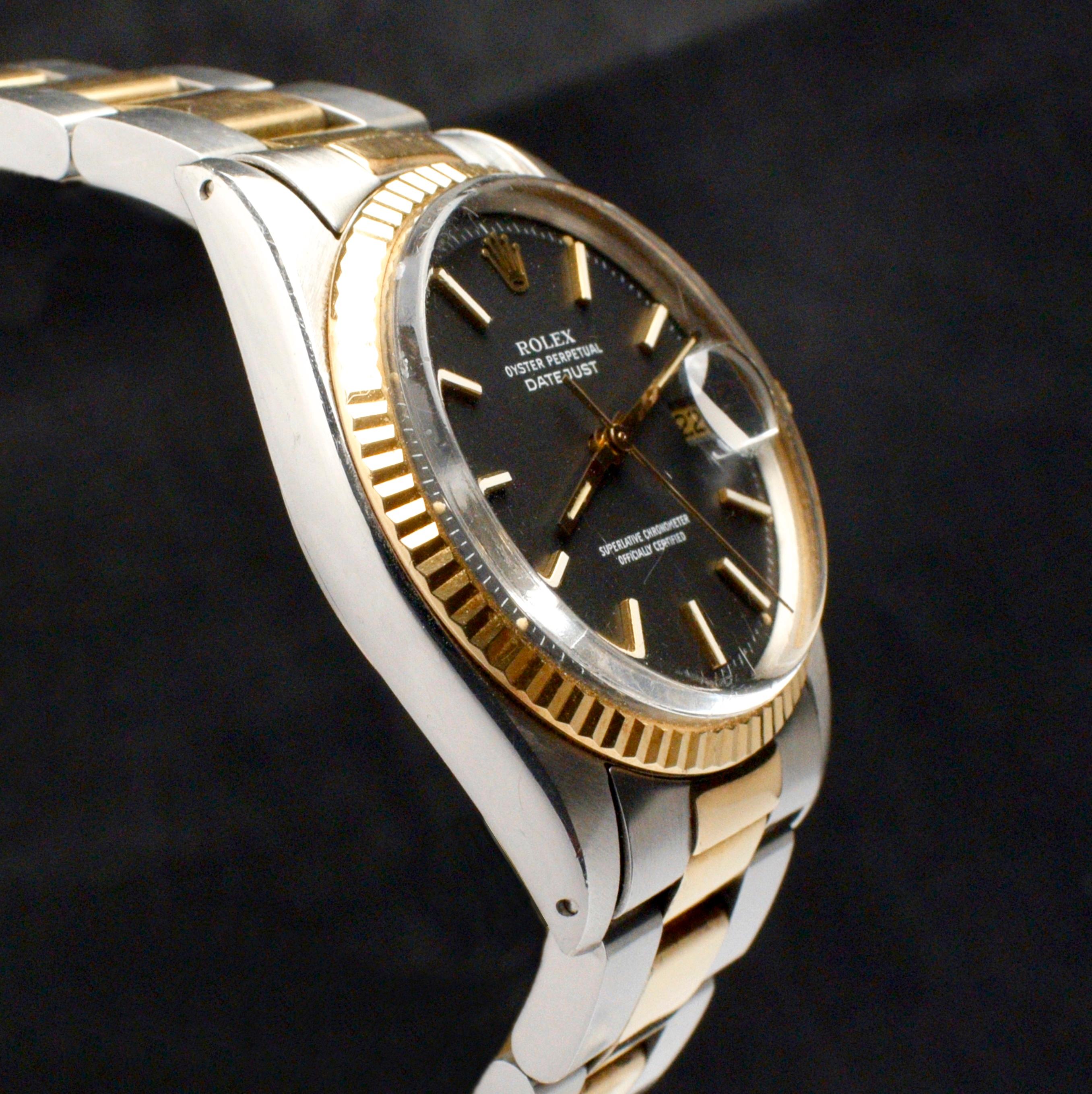 Rolex Oyster Perpetual Datejust Matte Black 1601 Yellow Gold Steel Watch, 1973 2
