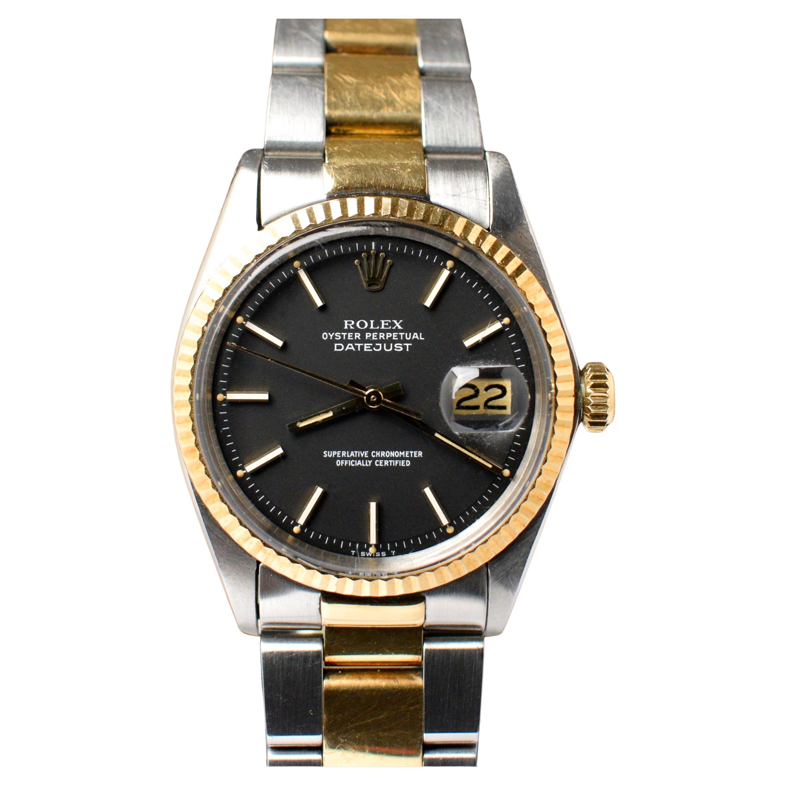 Rolex Perpetual Datejust Matte Black 1601 Yellow Gold Steel Watch, 1973 For Sale at 1stDibs | rolex perpetual serial rolex oyster perpetual datejust 1973, rolex oyster perpetual datejust serial number