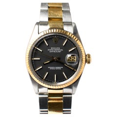 Rolex Oyster Perpetual Datejust Matte Black 1601 Yellow Gold Steel Watch, 1973
