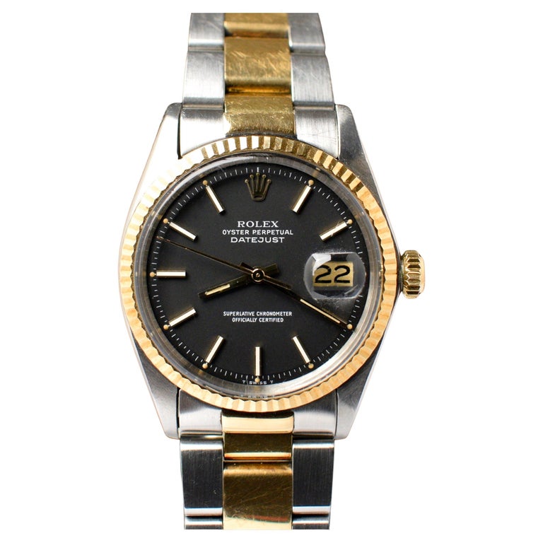 Rolex Oyster Perpetual Datejust Matte Black 1601 Yellow Gold Steel Watch, 1973 For Sale