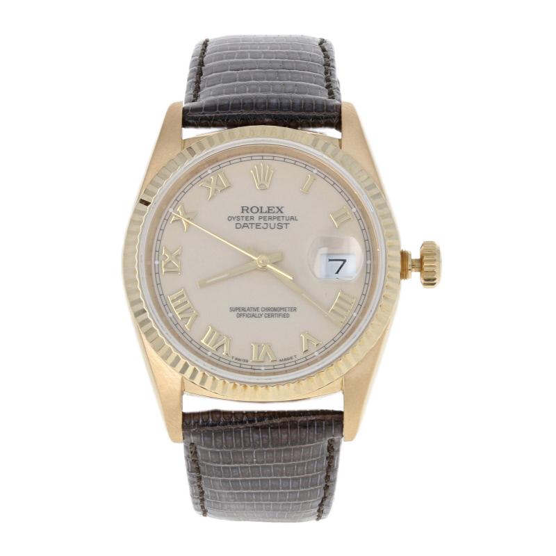 This is an authentic Rolex wristwatch. The watch has been professionally serviced and comes with a two-year warranty along with generic presentation boxes.

Brand: Rolex Oyster Perpetual Datejust
Model Number: 16248
Year: 1990
Materials: 18k Yellow
