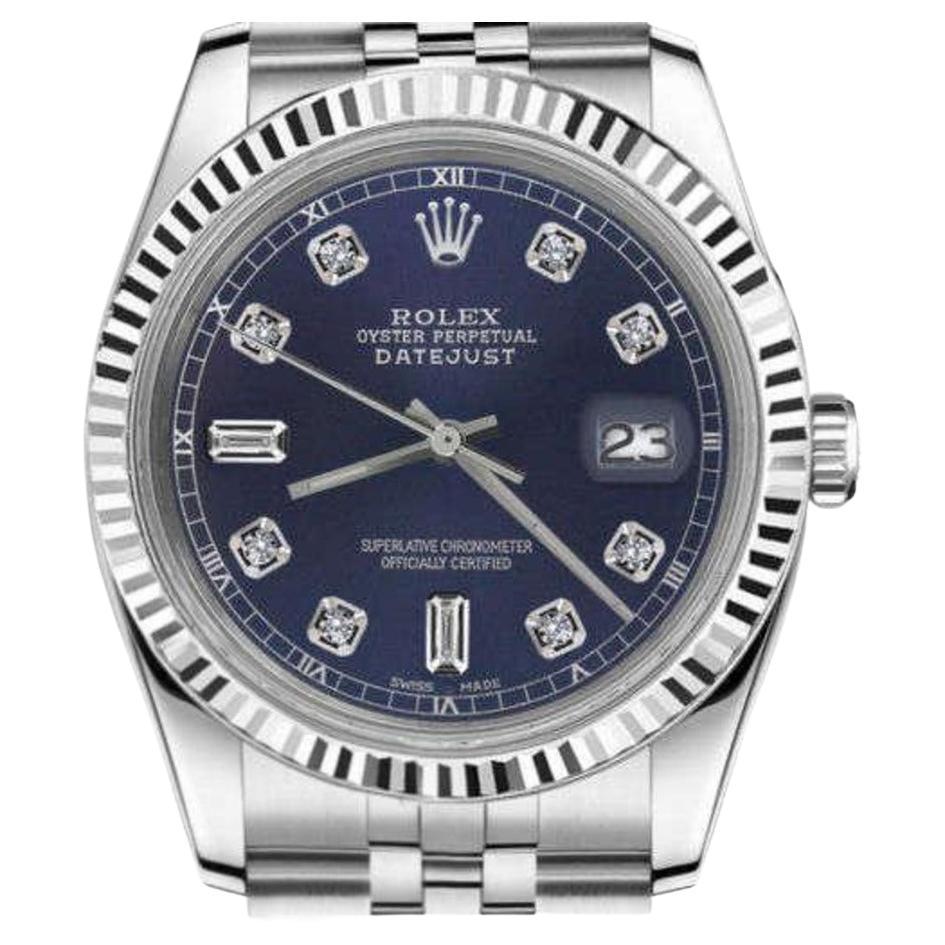 Rolex Montre Oyster Perpetual Datejust automatique avec cadran bleu marine et diamants accentués en vente