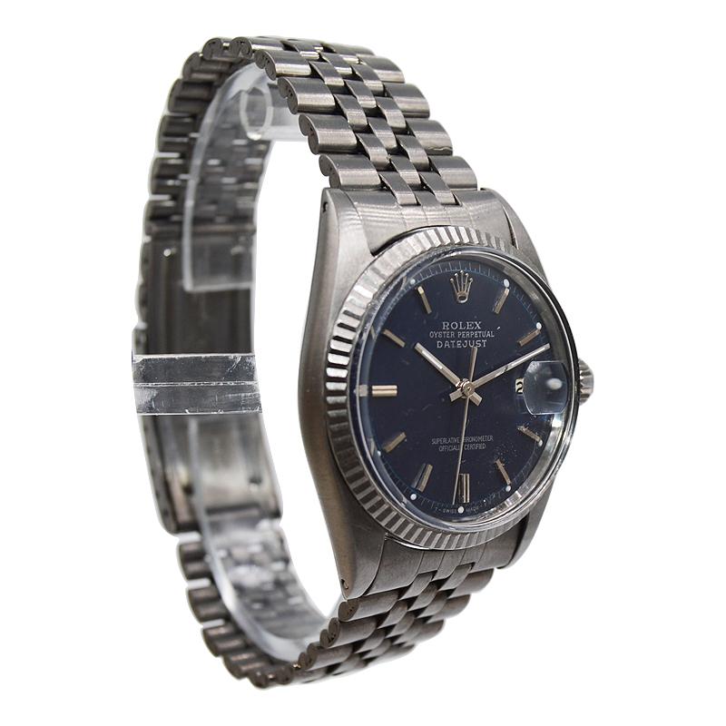 FACTORY / HOUSE: Rolex Watch Co
STYLE / REFERENCE: Datejust/ Reference 1601
METAL / MATERIAL: Stainless Steel Case / White gold Fluted Bezel
CIRCA / YEAR: late 1960's
DIMENSIONS / SIZE: Length 44mm X Diameter 36mm
MOVEMENT / CALIBER: Perpetual