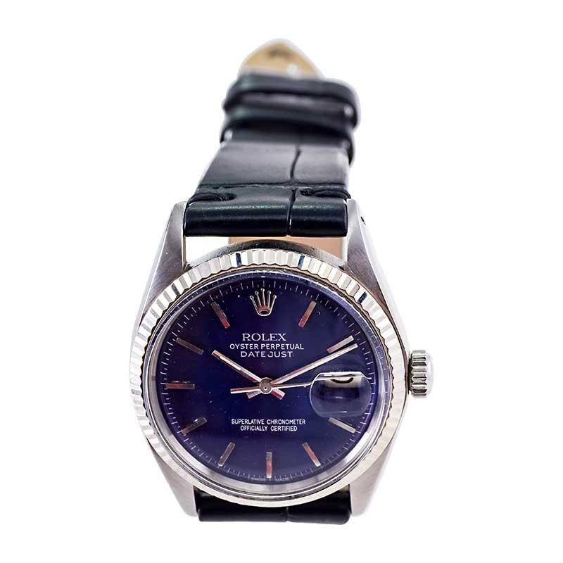 Modern Rolex Steel Oyster Perpetual Datejust with Original Factory Blue Dial 1970's