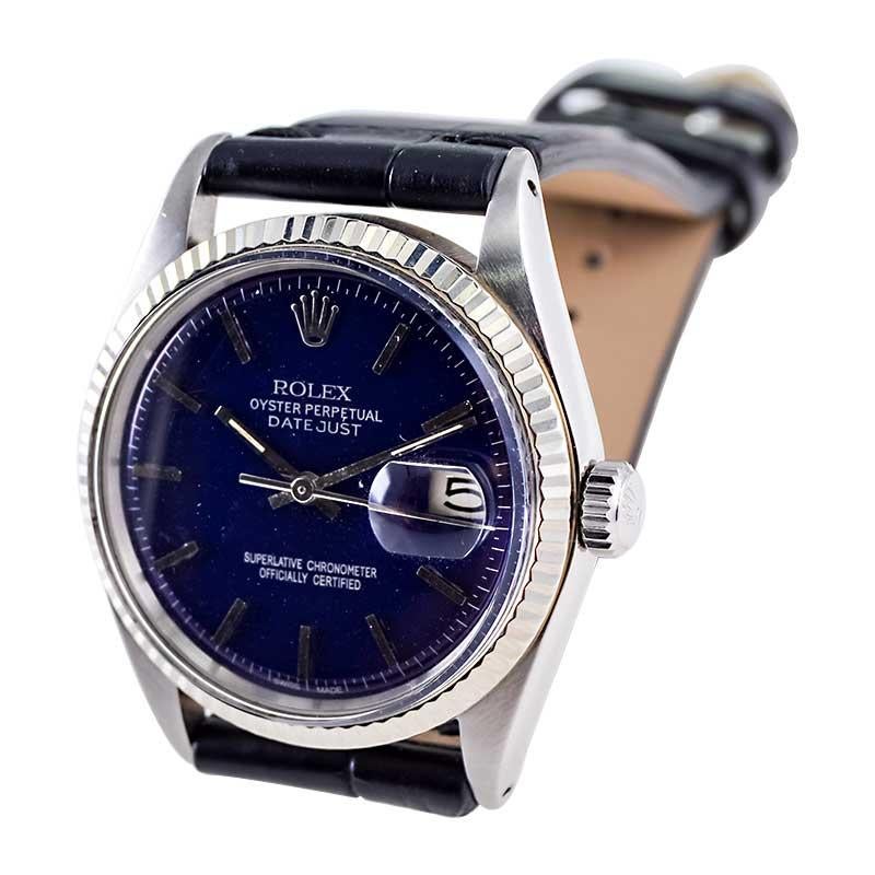 Rolex Steel Oyster Perpetual Datejust with Original Factory Blue Dial 1970's In Excellent Condition In Long Beach, CA