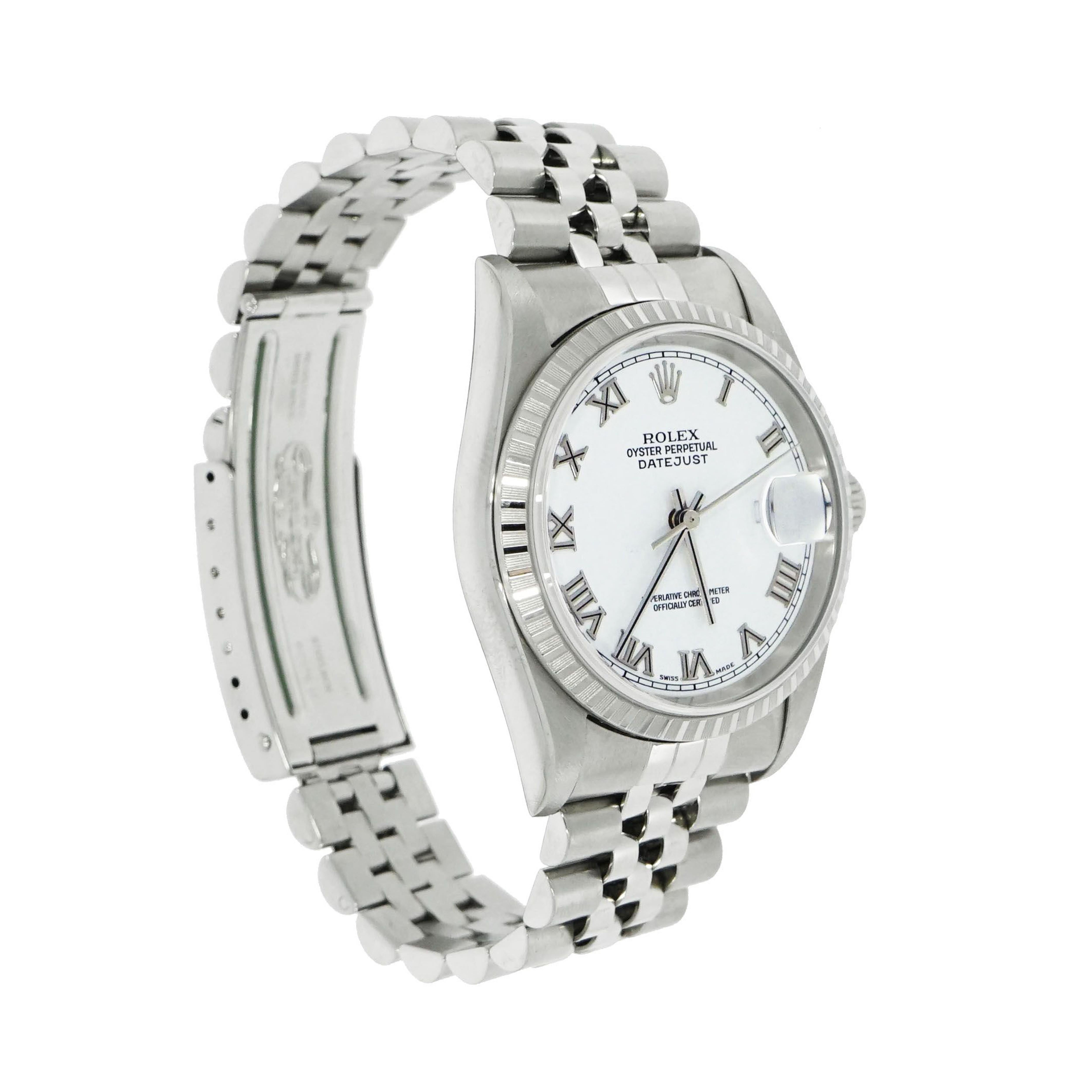 Rolex Datejust, 36mm stainless steel case, fluted bezel, white dial with Roman numerals hour markers, date with magnification cyclops at 3 o’clock, self- winding automatic movement, quick set date function, sapphire crystal, on a jubilee bracelet