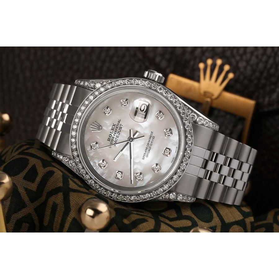 Round Cut Rolex Oyster Perpetual Datejust White Mother Of Pearl Diamond Dial Bezel Watch For Sale