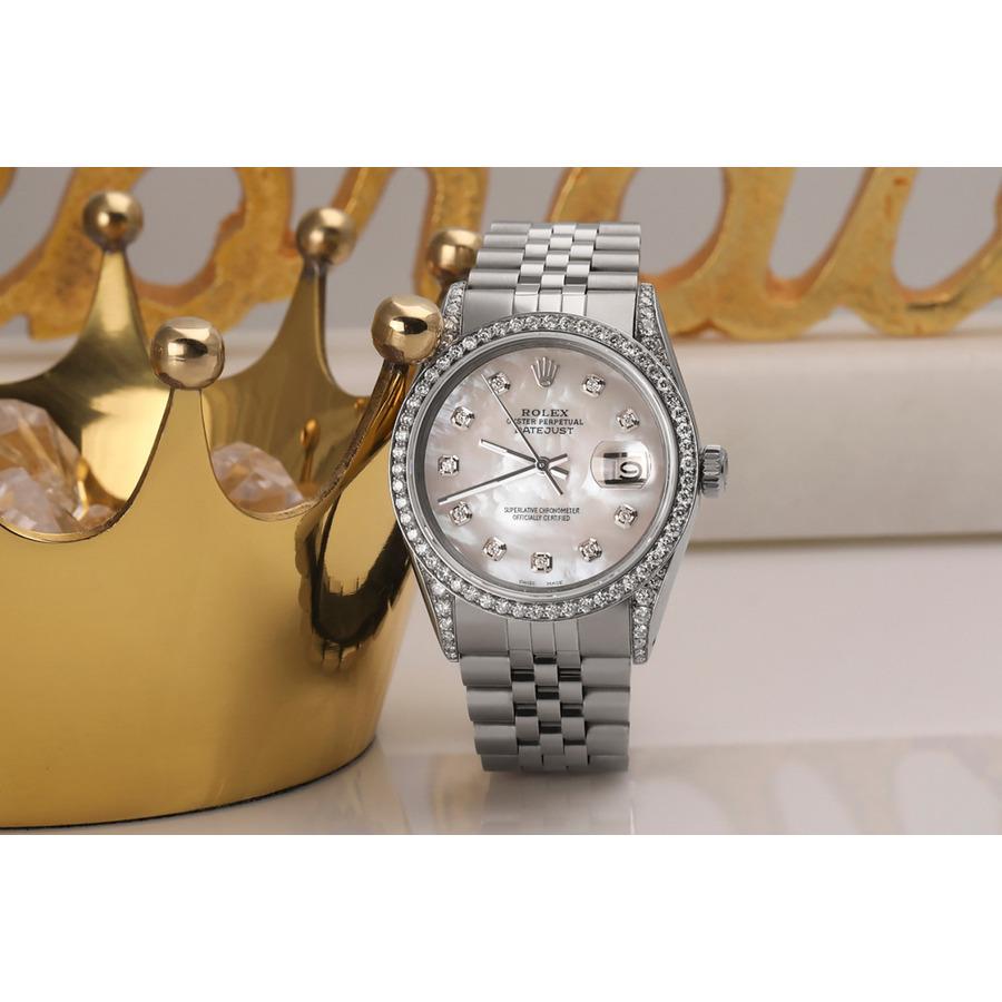 Men's Rolex Oyster Perpetual Datejust White Mother Of Pearl Diamond Dial Bezel Watch For Sale