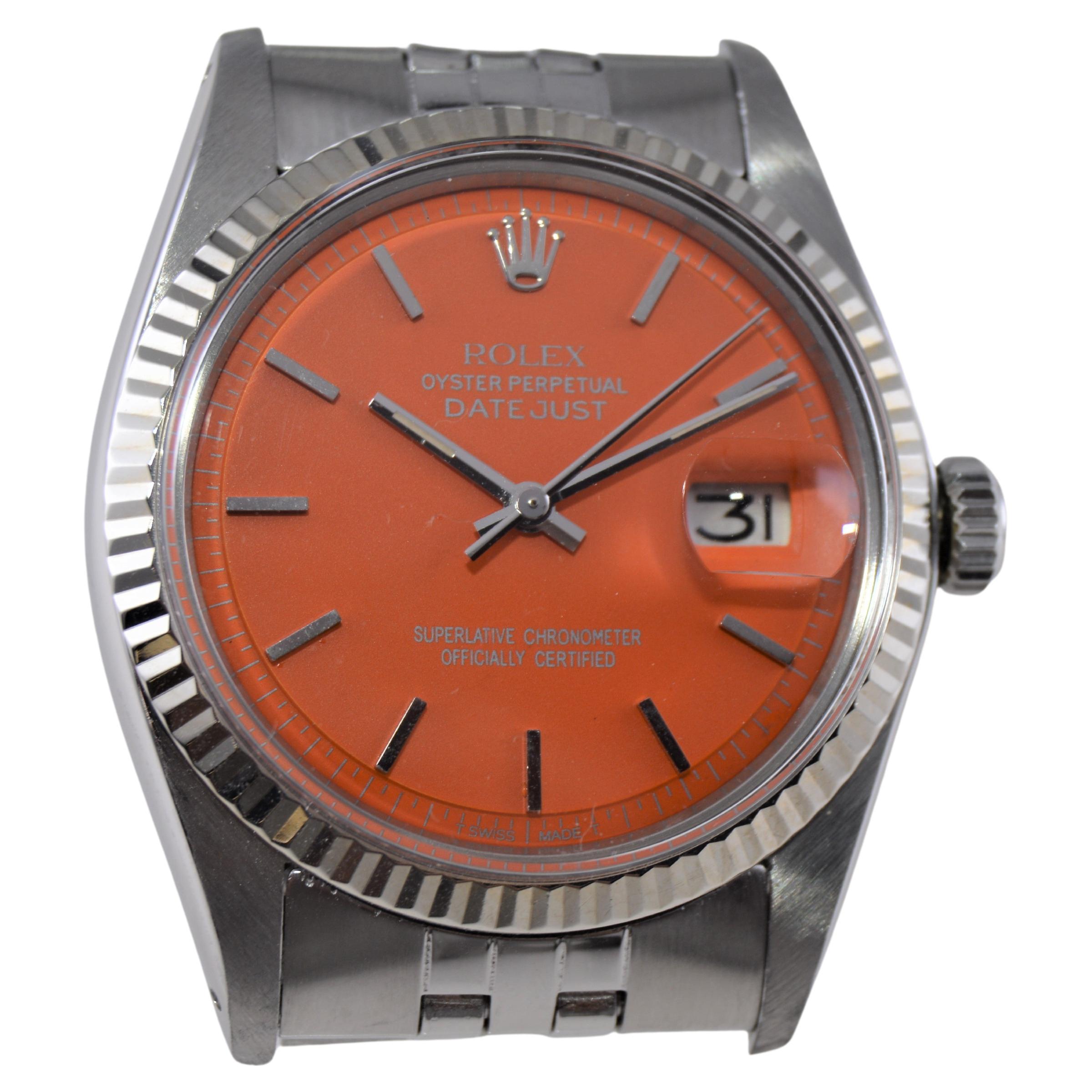 Modern Rolex Oyster Perpetual Datejust With Custom Orange Dial, 1970's For Sale