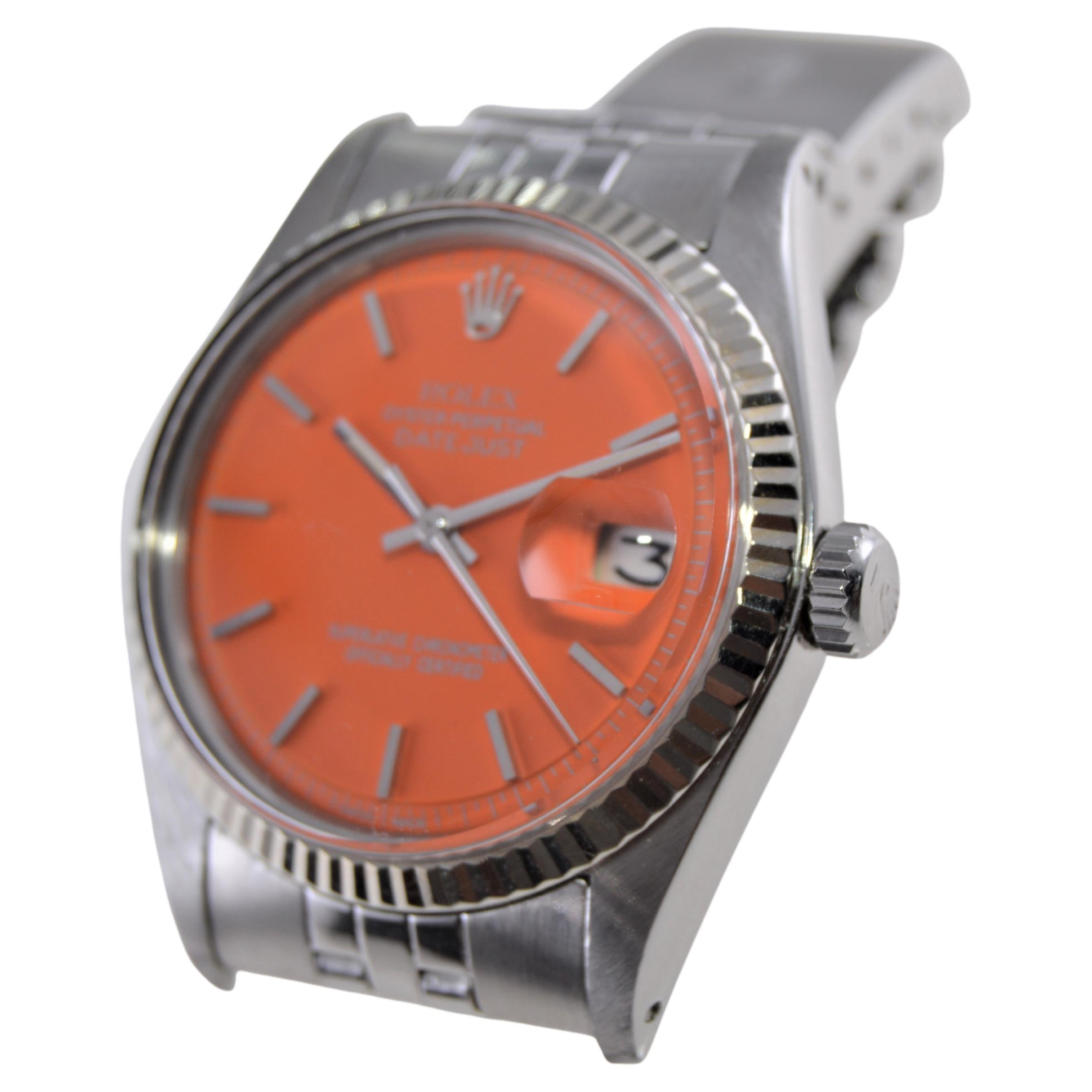 Rolex Oyster Perpetual Datejust With Custom Orange Dial, 1970's In Excellent Condition For Sale In Long Beach, CA
