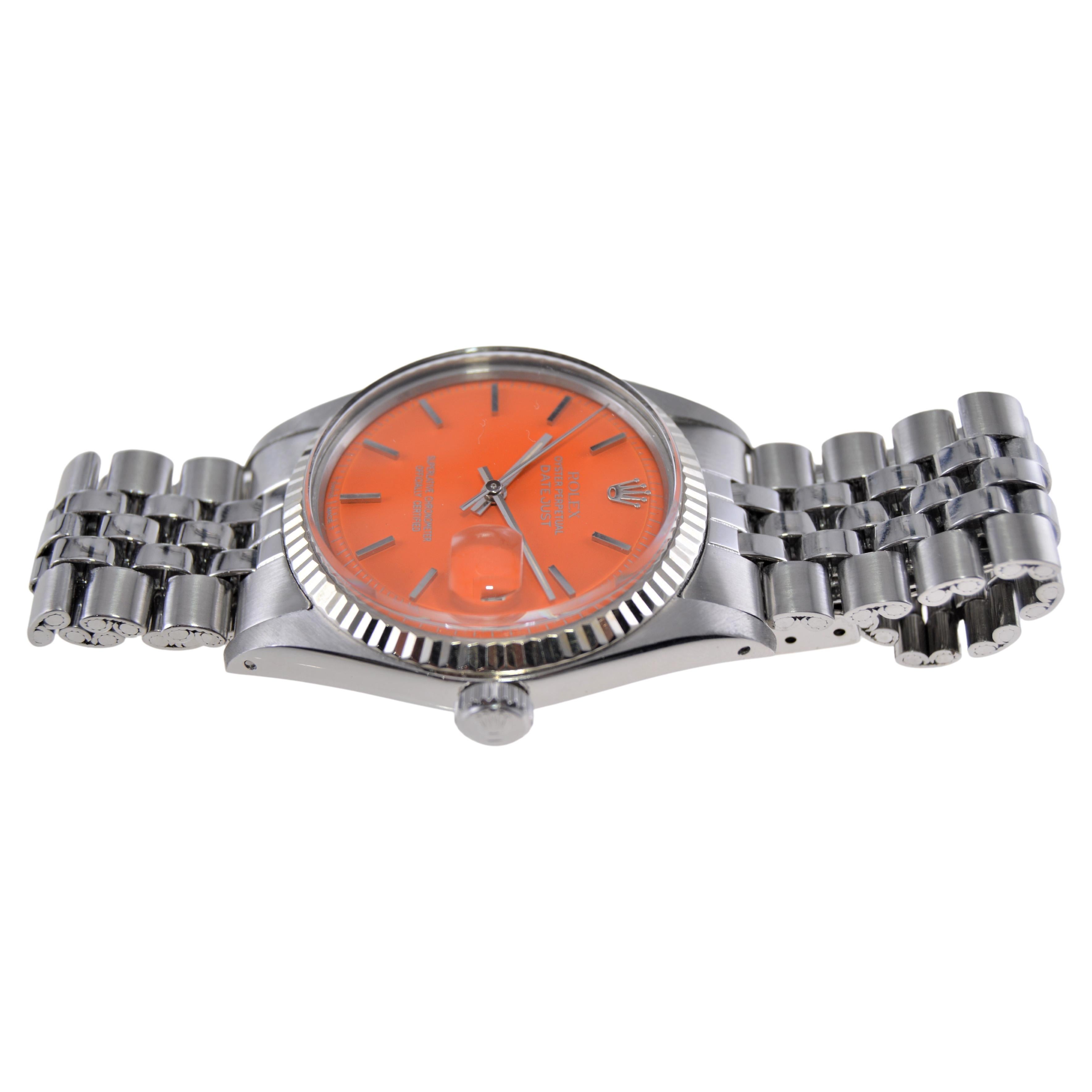 Women's or Men's Rolex Oyster Perpetual Datejust With Custom Orange Dial, 1970's For Sale
