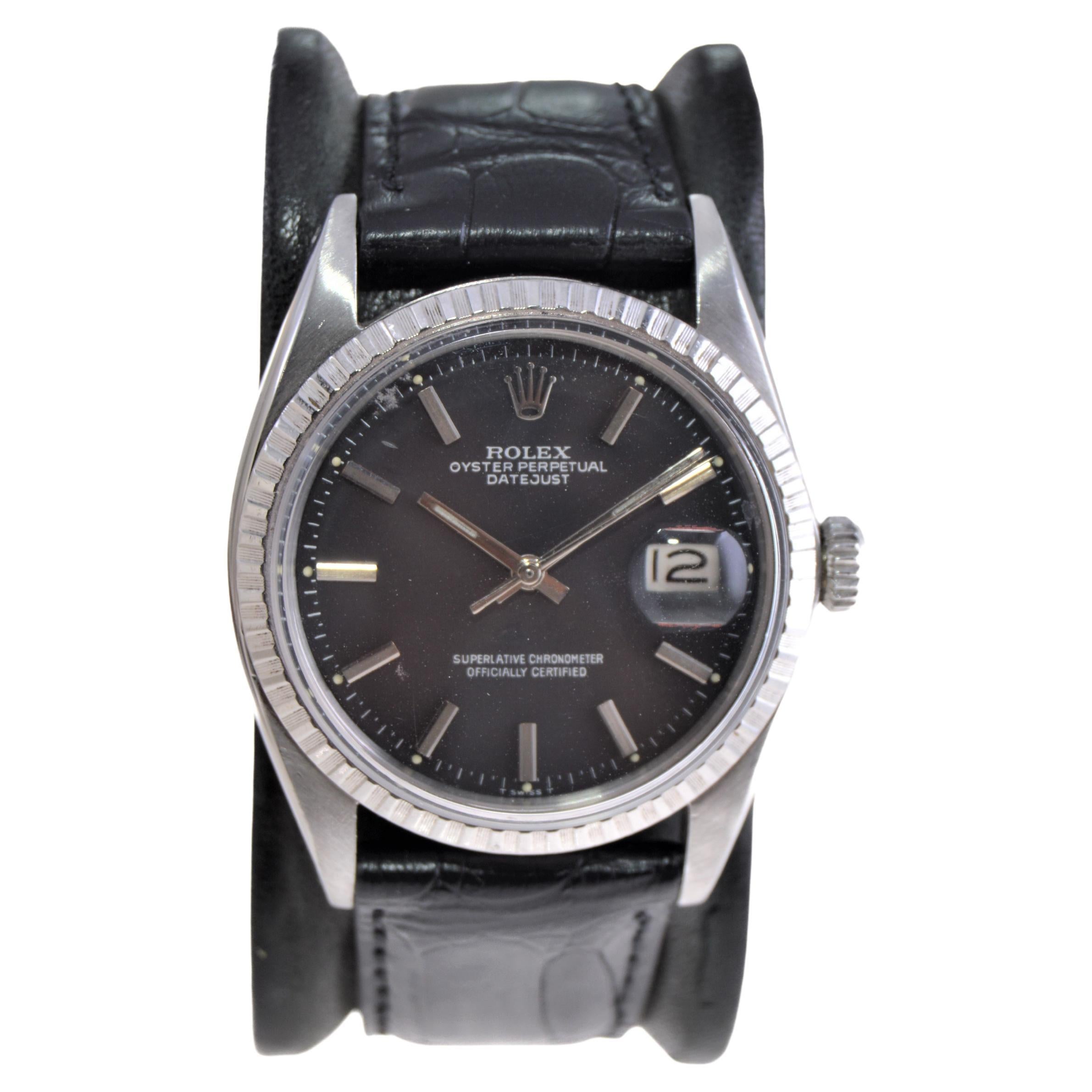 Modern Rolex Oyster Perpetual Datejust With Rare Factory Original Black Dial 1960's For Sale