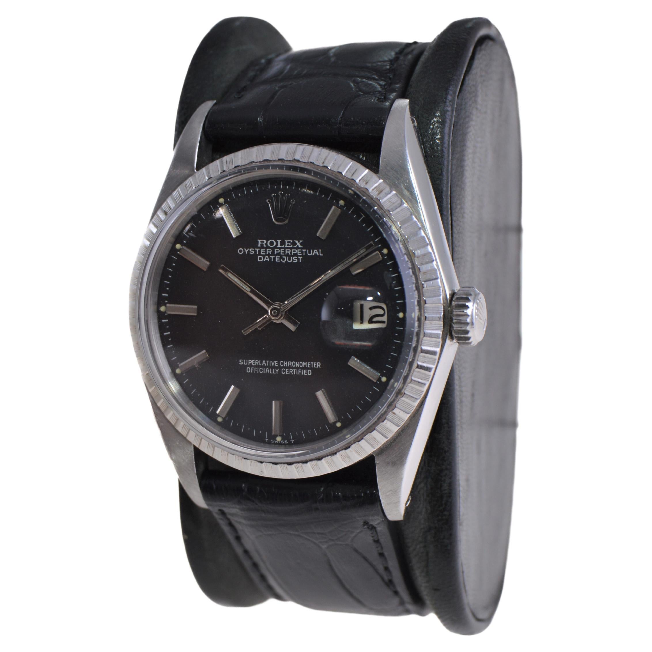 Rolex Oyster Perpetual Datejust With Rare Factory Original Black Dial 1960's In Excellent Condition For Sale In Long Beach, CA