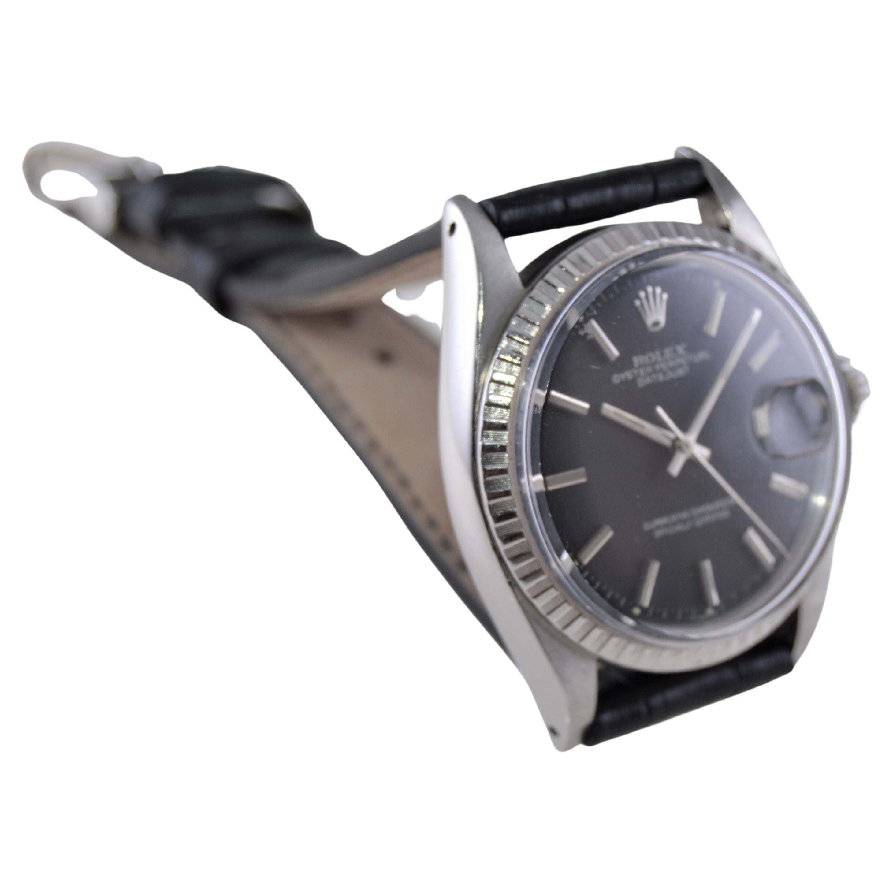 Women's or Men's Rolex Oyster Perpetual Datejust With Rare Factory Original Black Dial 1960's For Sale