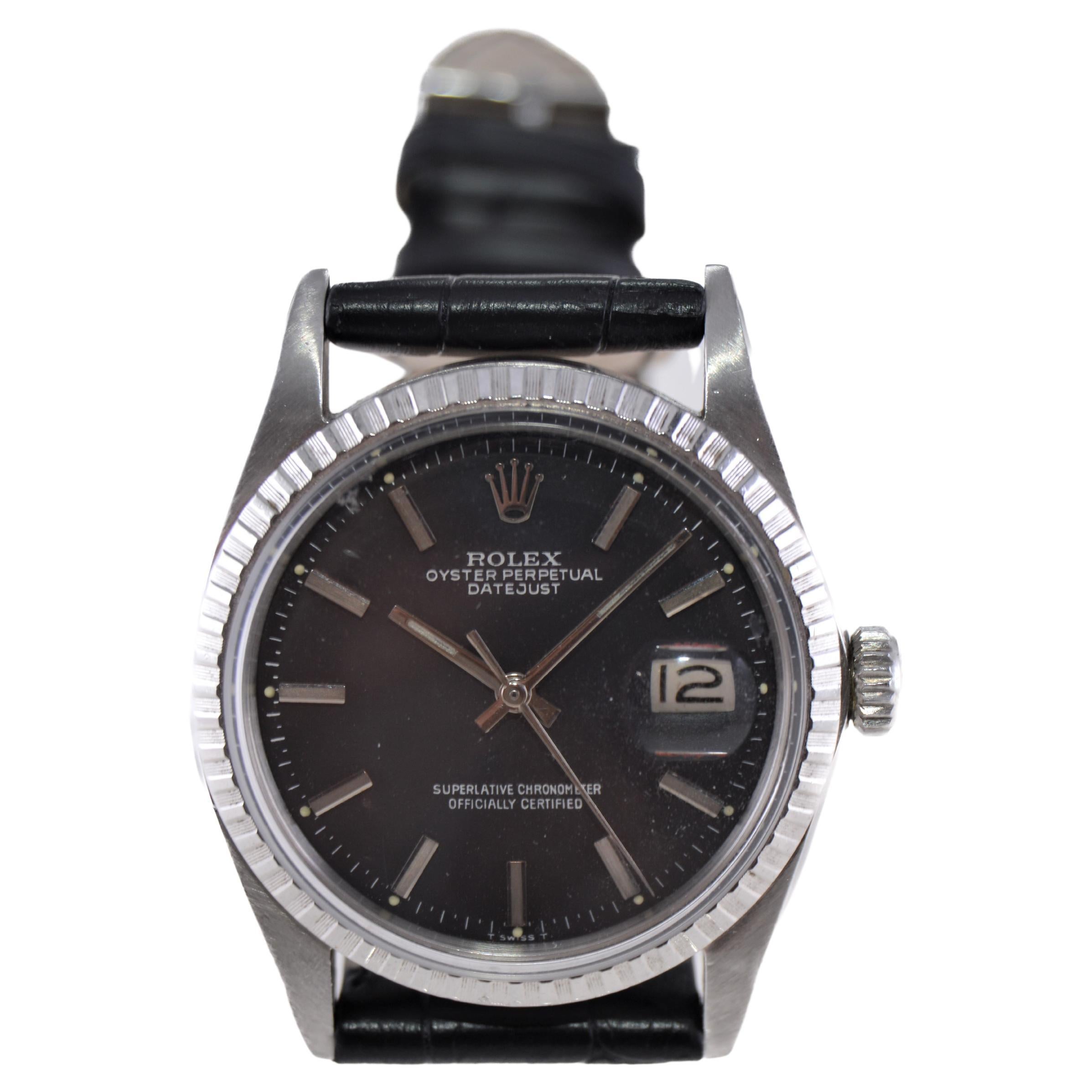 Modern Rolex Oyster Perpetual Datejust With Rare Factory Original Black Dial 1960's For Sale