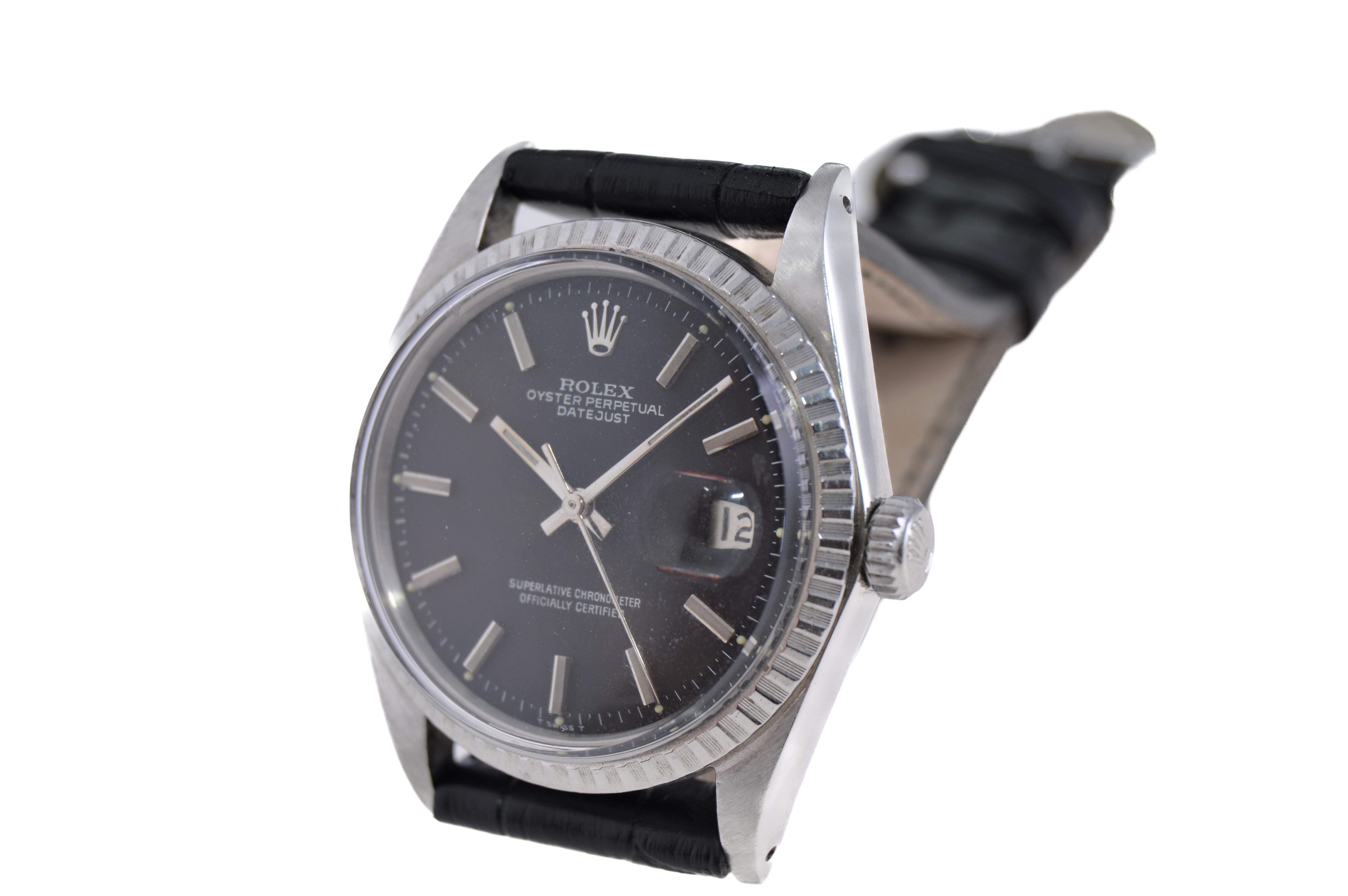 Rolex Oyster Perpetual Datejust With Rare Factory Original Black Dial 1960's In Excellent Condition For Sale In Long Beach, CA